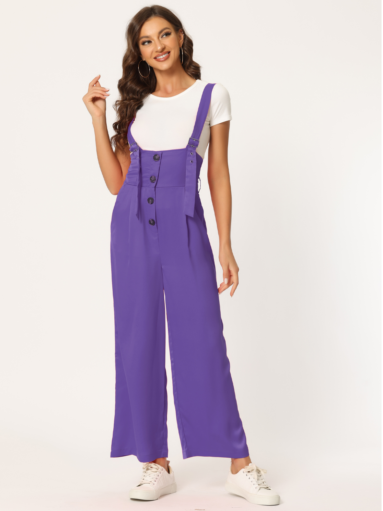 High Waist Wide Leg Belted Jumpsuit Button Long Overalls Grape/S