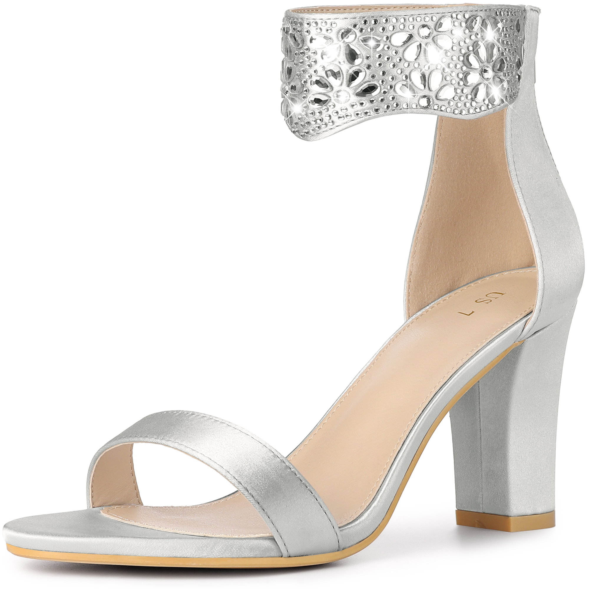Women's Rhinestone Diamond Decor Crystal Ankle Strap Chunky Heel Sandals White/9