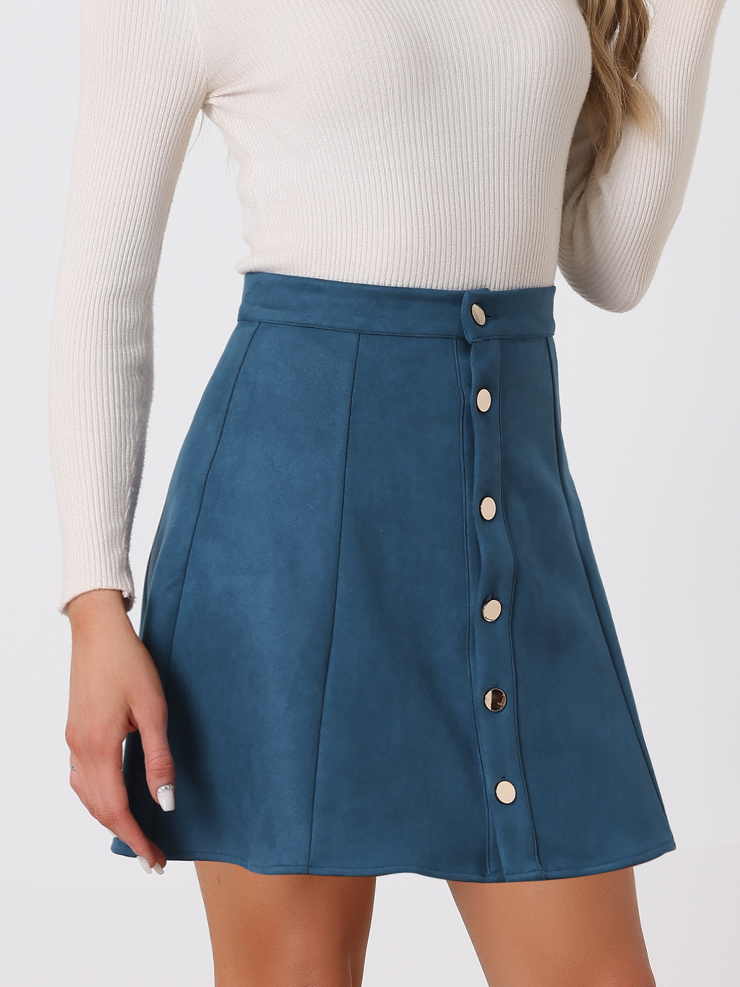Faux Suede Button Closure A-Line High Waisted Short Skirt Dark Blue/S