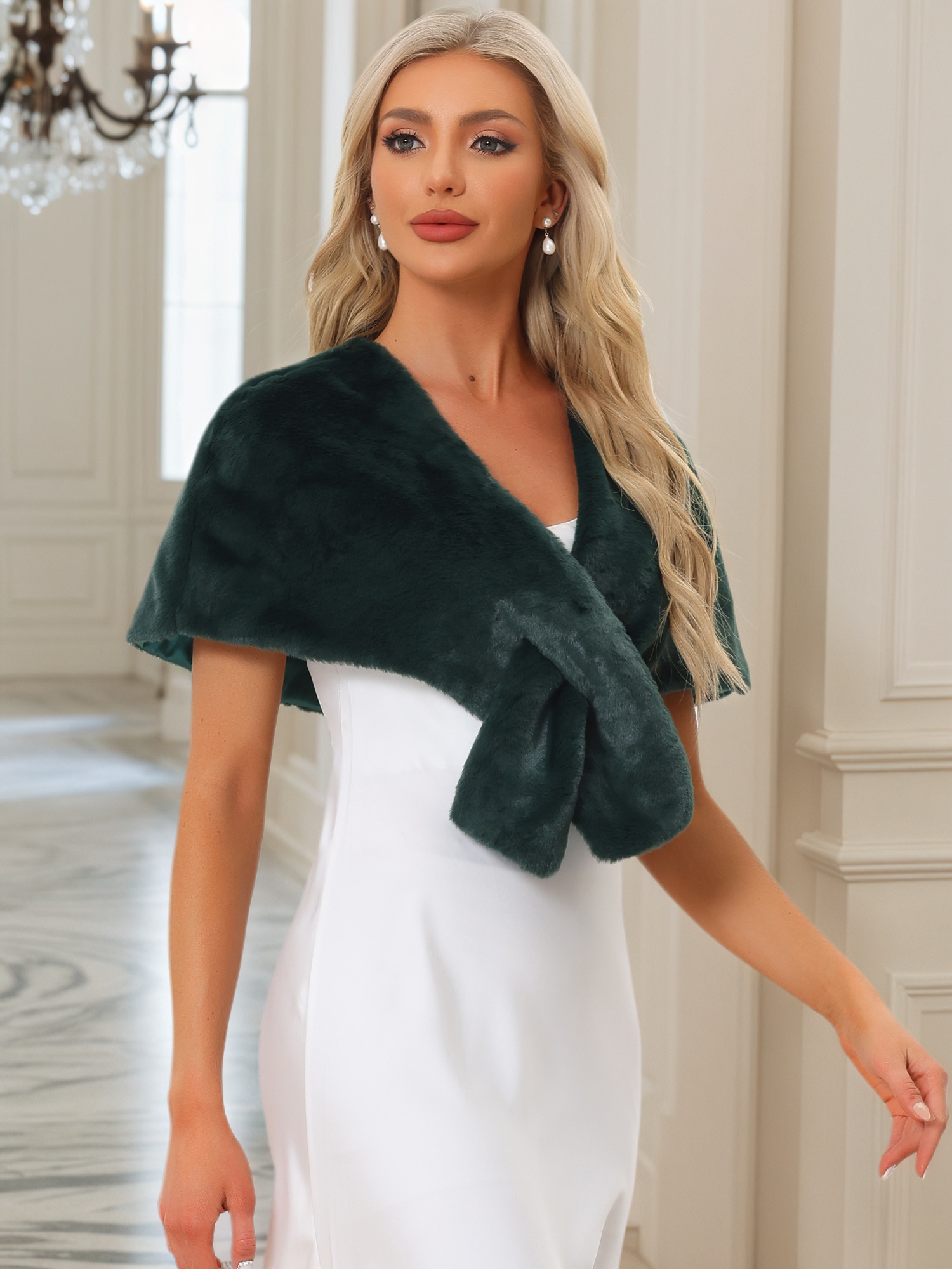 Faux Fur Shawl Winter 1920s Stole Bridal Wedding Wraps Dark Green/S