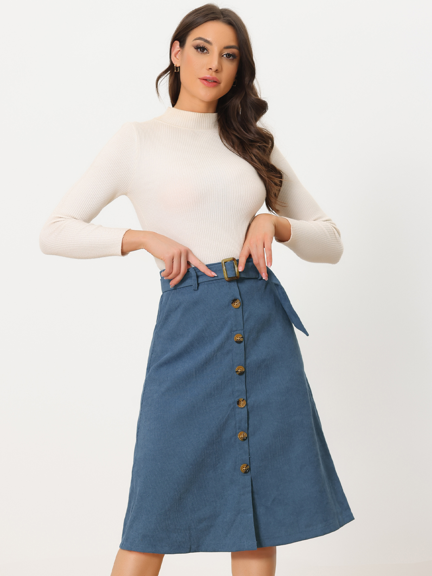 High Waist Button Front Belted Corduroy A-Line Midi Skirt Blue/XS