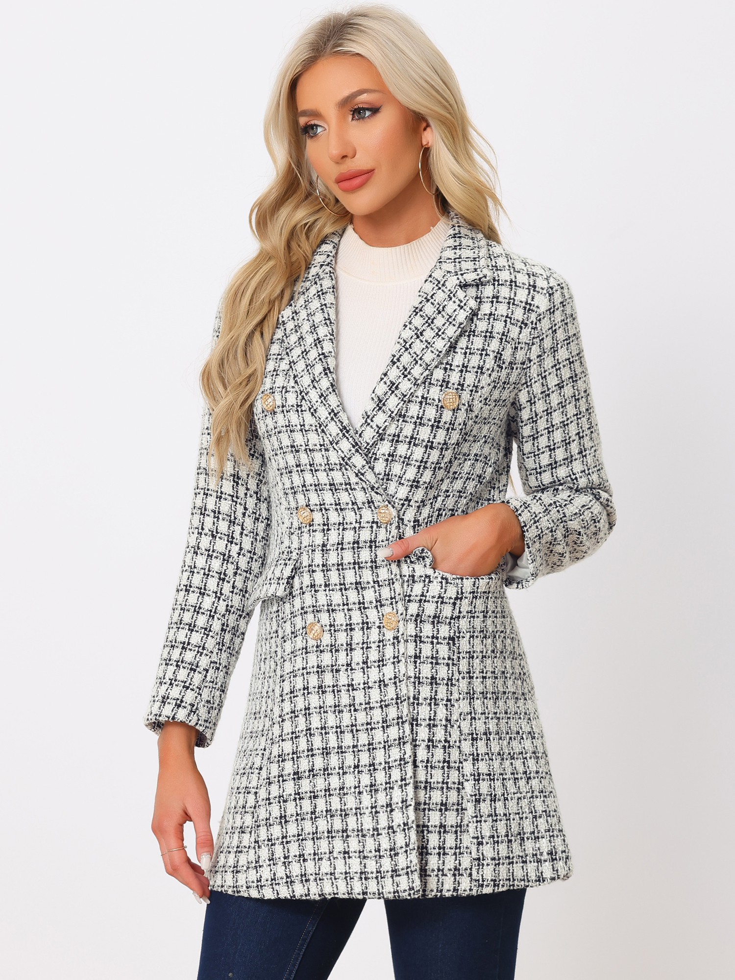 Lapel Collar Elegant Double Breasted Plaid Tweed Coat White/L