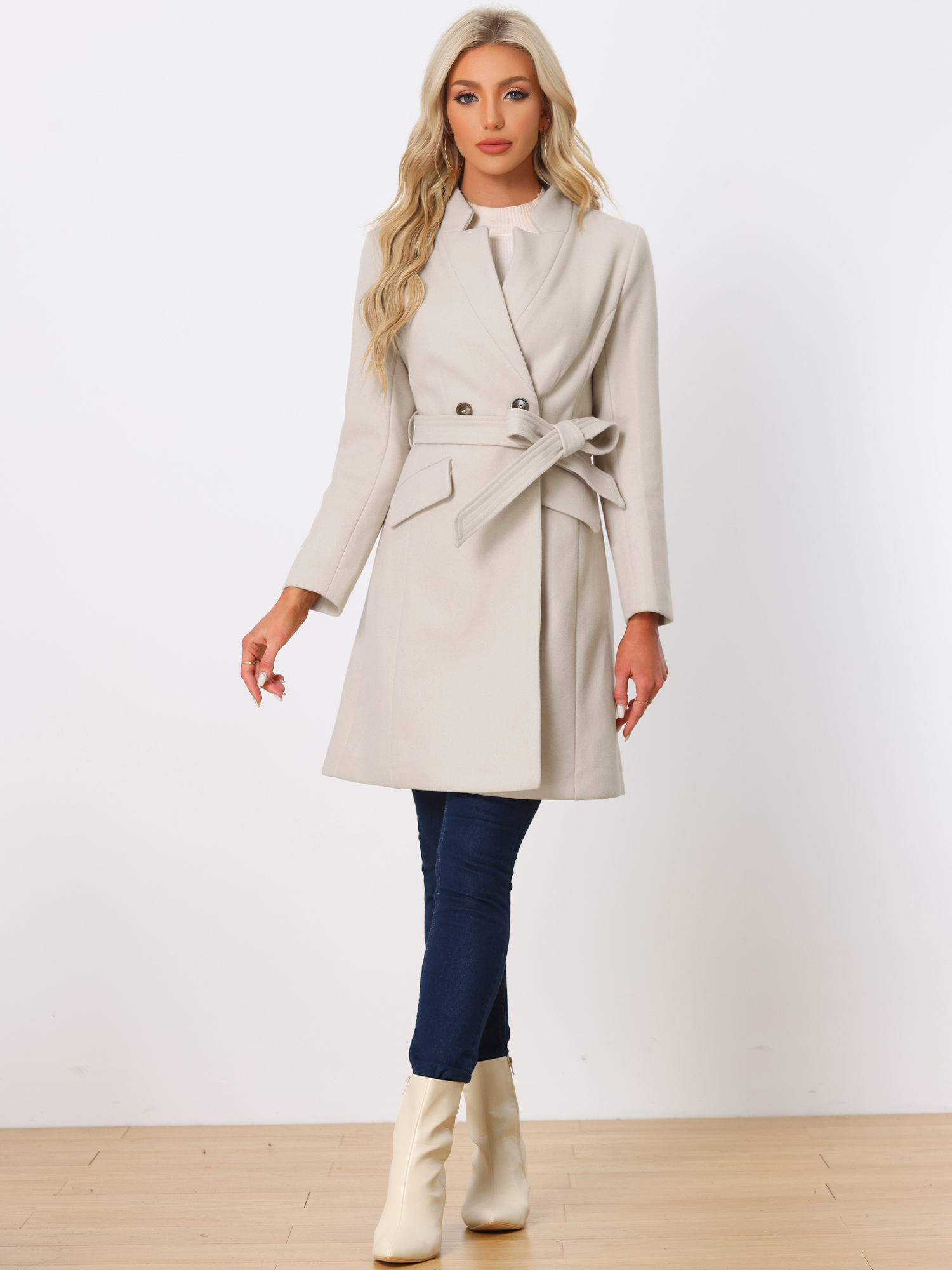 Belted Stand Collar Winter Fully Lined Belted Coats Beige/M