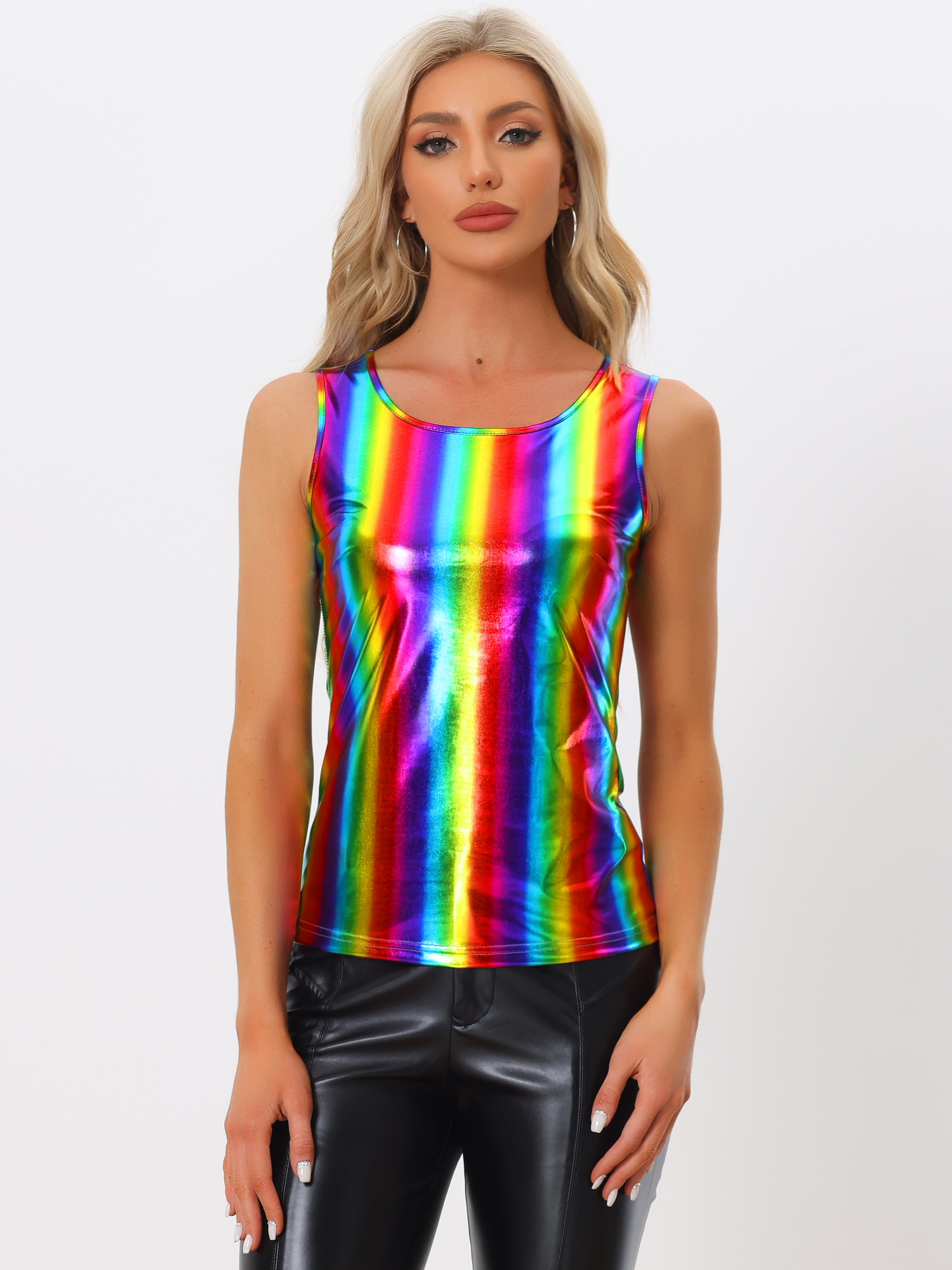 Shiny Party Club Sparkly Metallic Sleeveless Cami Tank Top Rainbow/XS