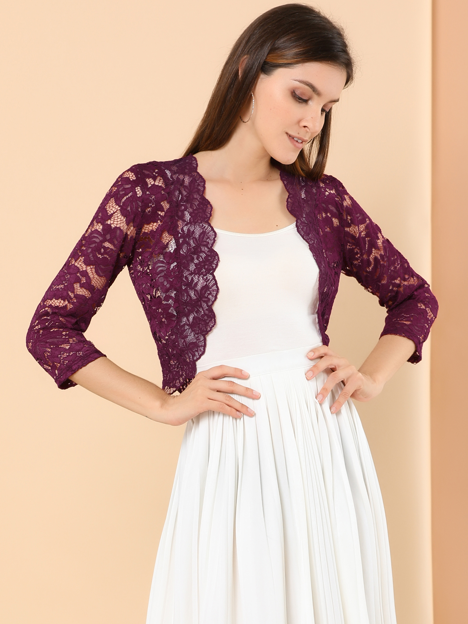 Sheer Floral Elegant 3/4 Sleeve Lace Shrug Burgundy/2XL
