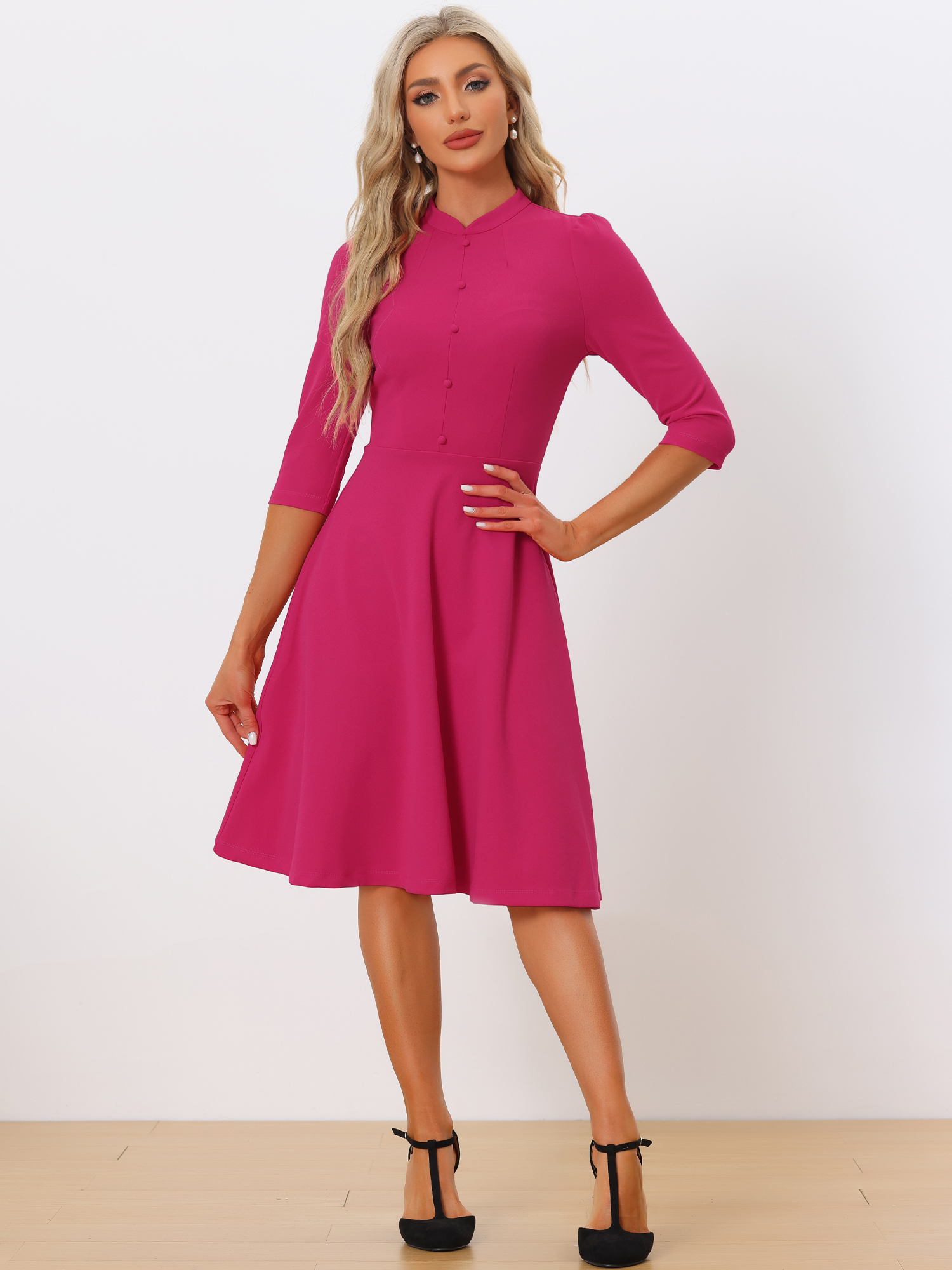 Retro 3/4 Sleeve Stand Collar Office Work Elegant A-Line Dress Hot Pink/L