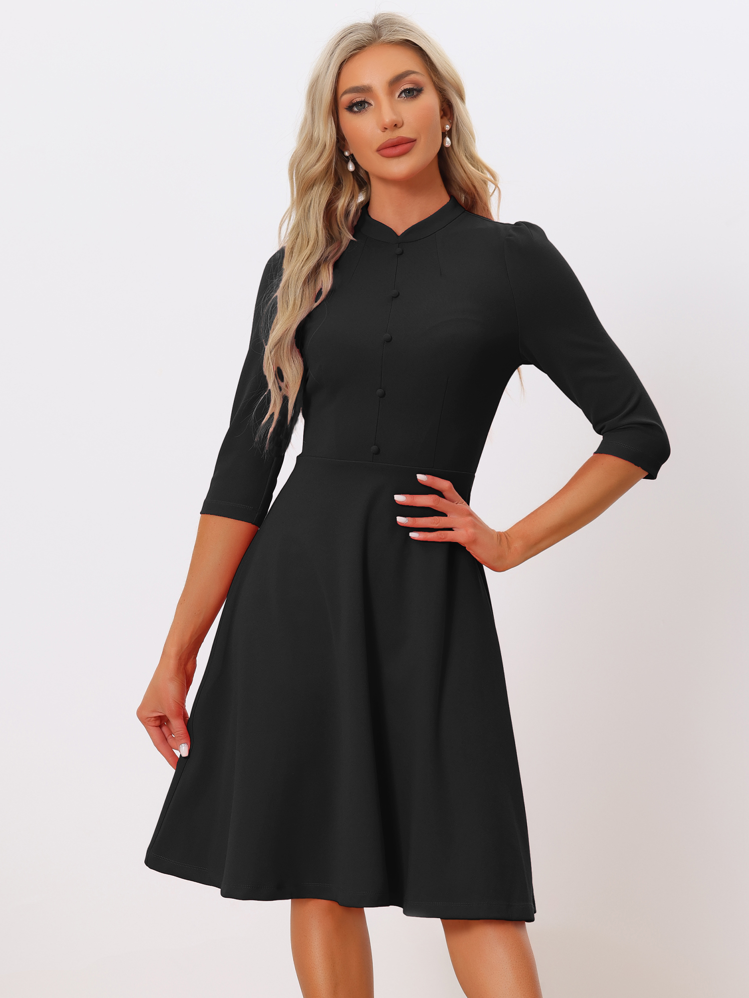 Retro 3/4 Sleeve Stand Collar Office Work Elegant A-Line Dress Black/M