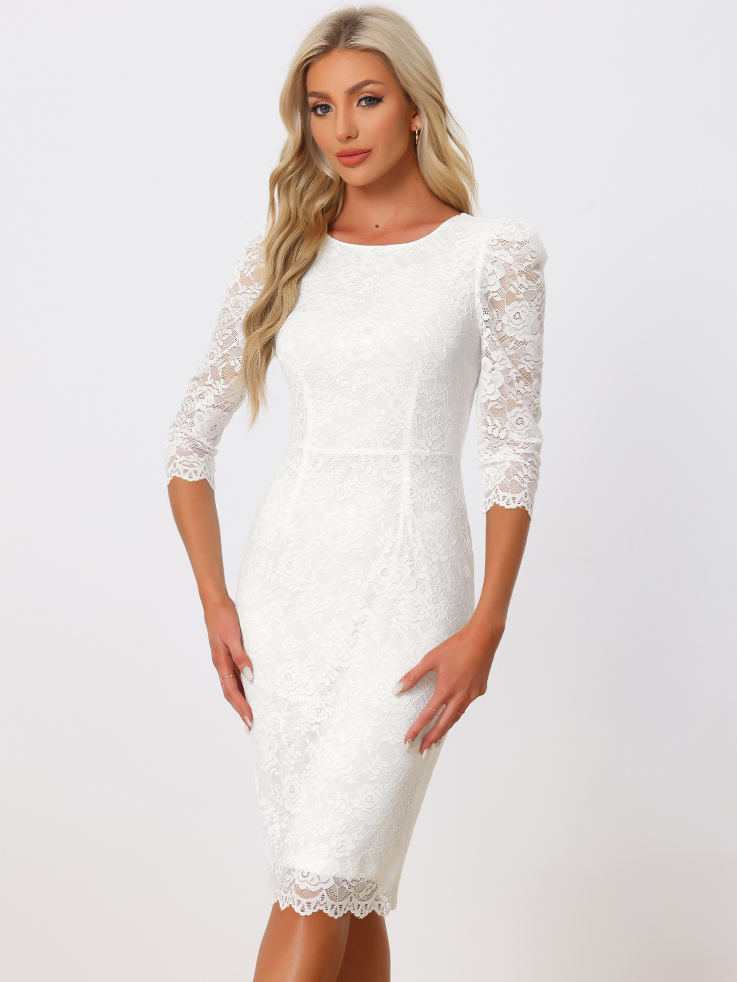 Lace Floral Crew Neck 3/4 Sleeve Bodycon Guest Cocktail Dress White/L