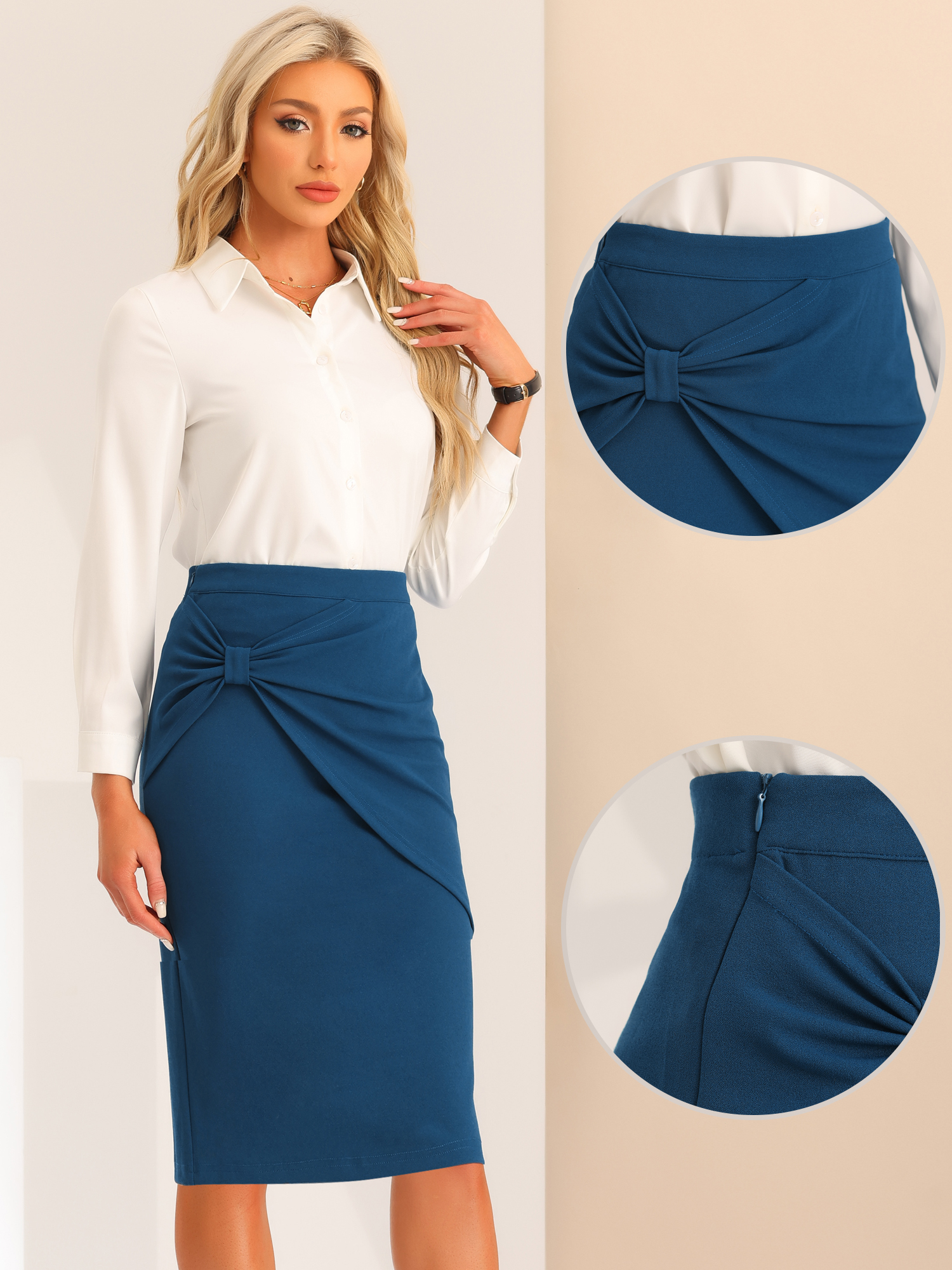 Work Pencil Ruched High Waist Bodycon Midi Skirt Peacock Blue/L