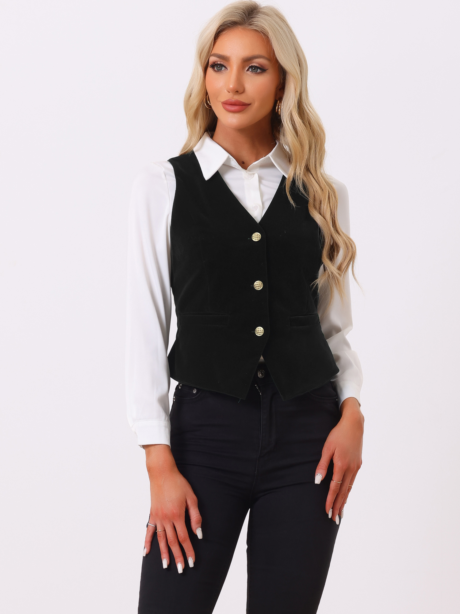 Waistcoat Steampunk Velvet Sleeveless Button Down V-Neck Suit Vests Black/XS