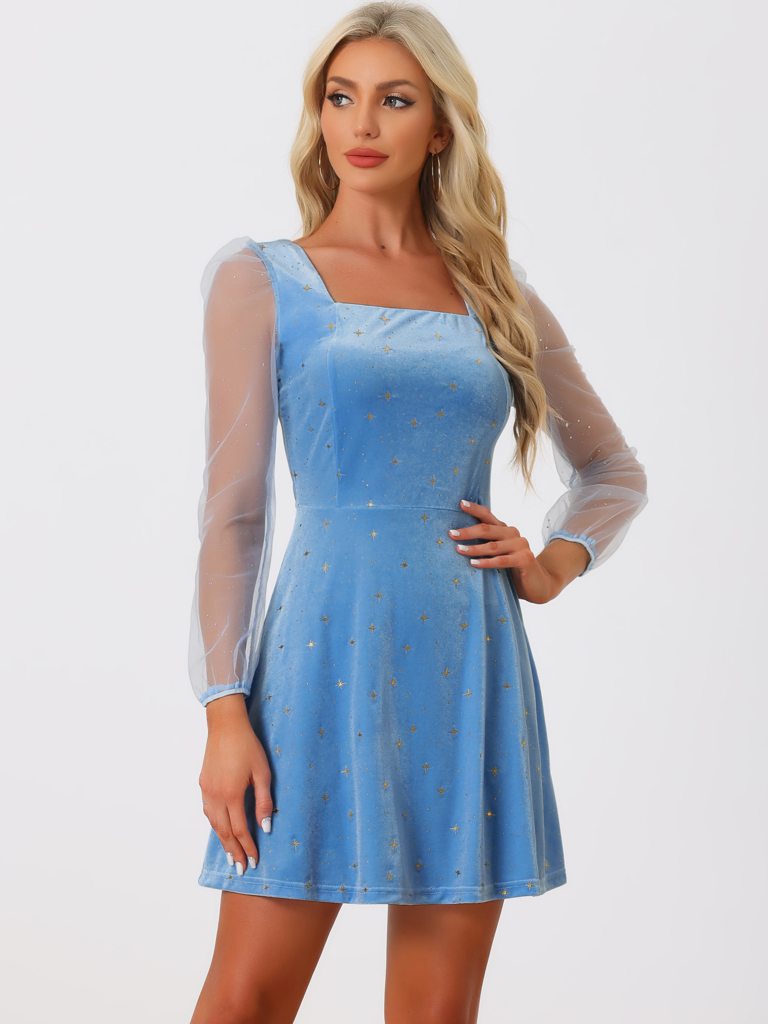 Sheer Puff Sleeve Square Neck Glitter Metallic Star Velvet Mini Dress Sky Blue/XS