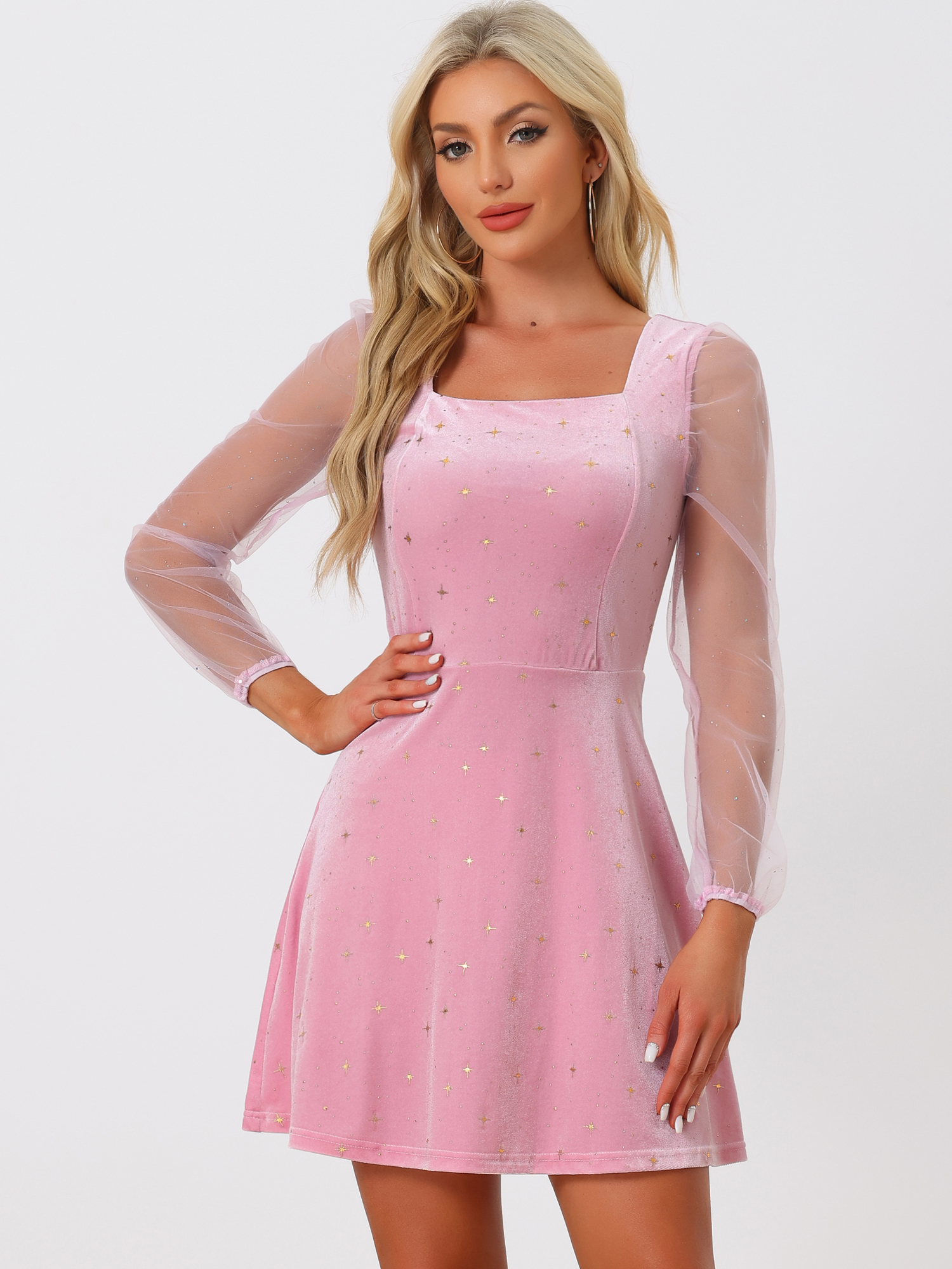Sheer Puff Sleeve Square Neck Glitter Metallic Star Velvet Mini Dress Pink/XS