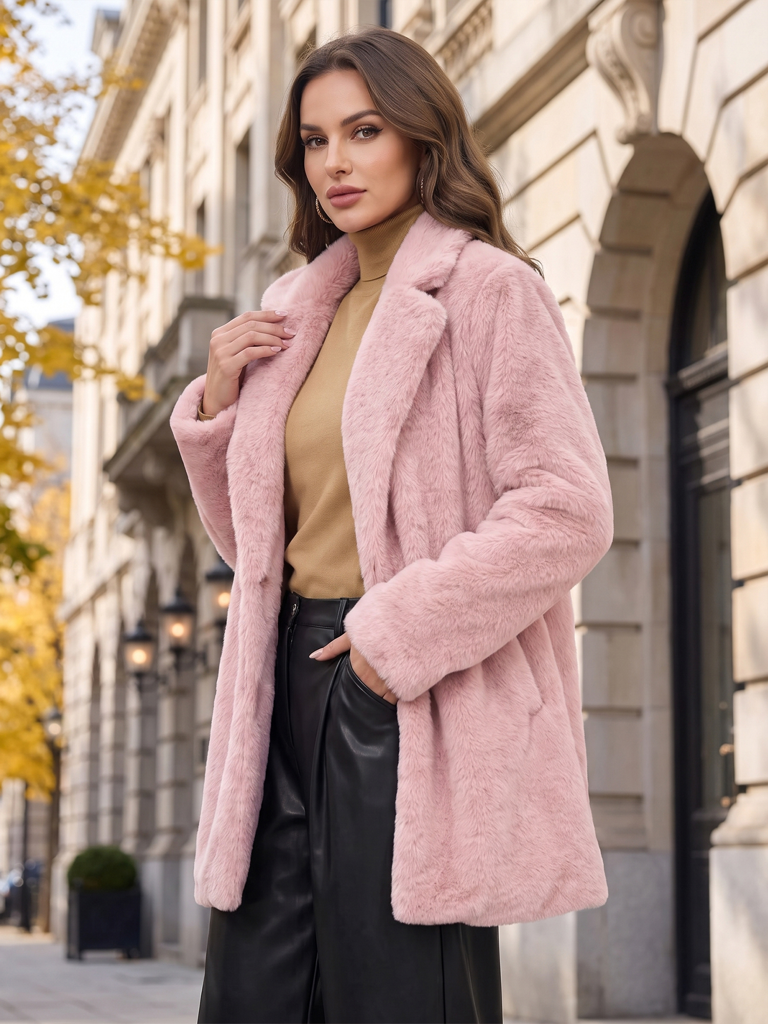 Lapel Collar Faux Fur Fuzzy Winter Warm Pockets Coat Dusty Pink/M