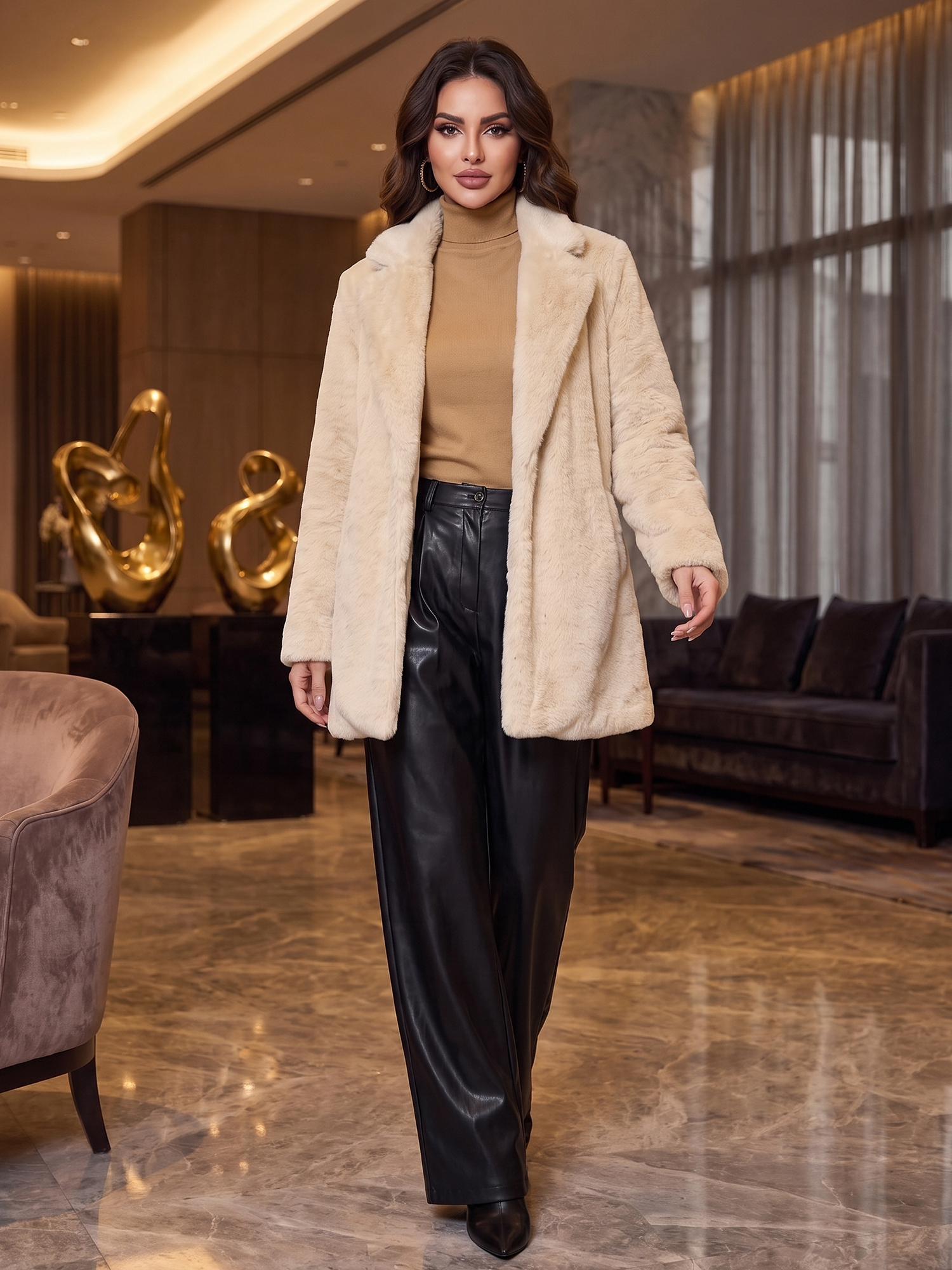 Lapel Collar Faux Fur Fuzzy Winter Warm Pockets Coat Apricot/XL