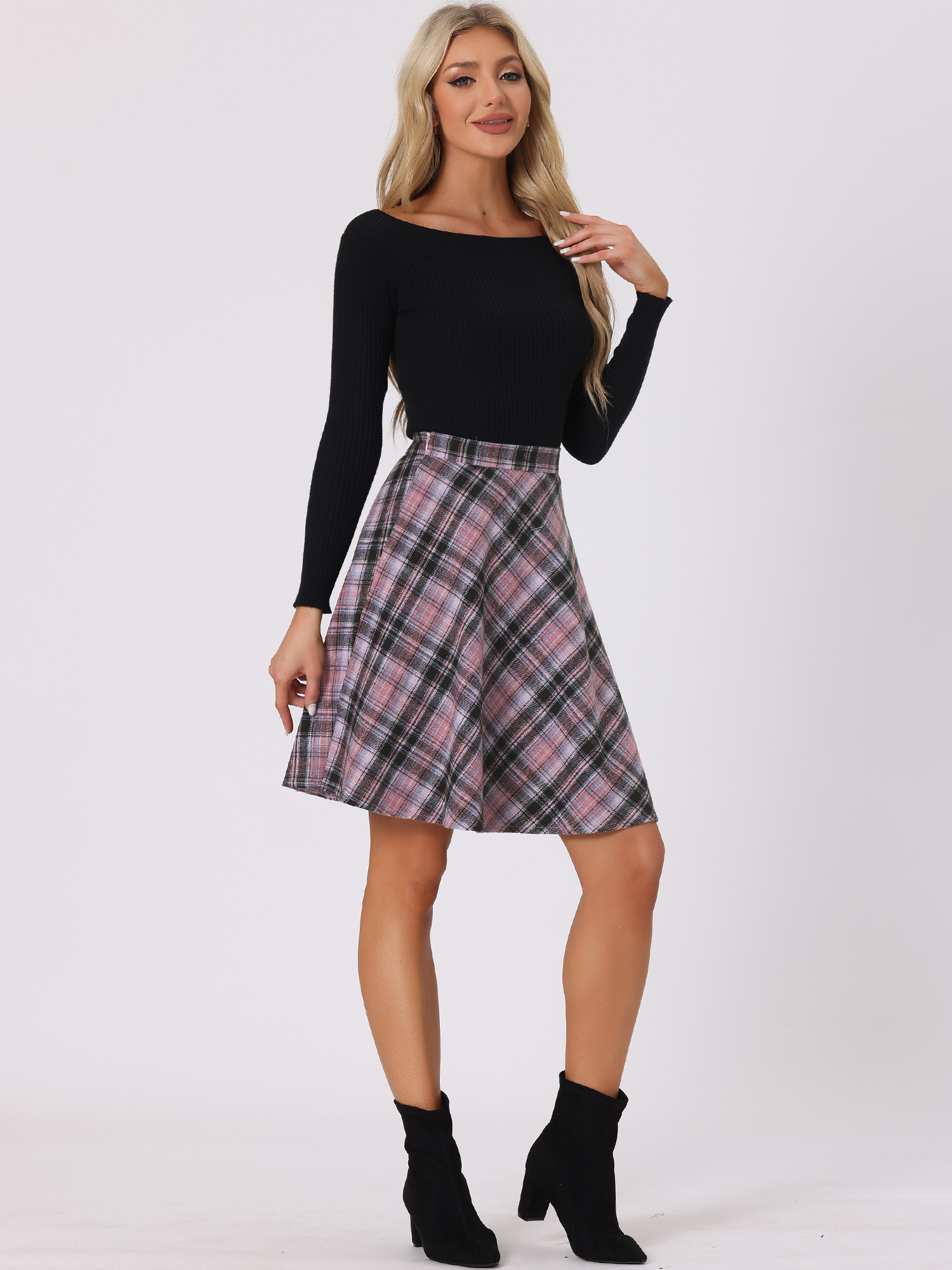 Vintage Plaid Tartan Elastic Waist Knee Length A-Line Skirt Purple Black/XL
