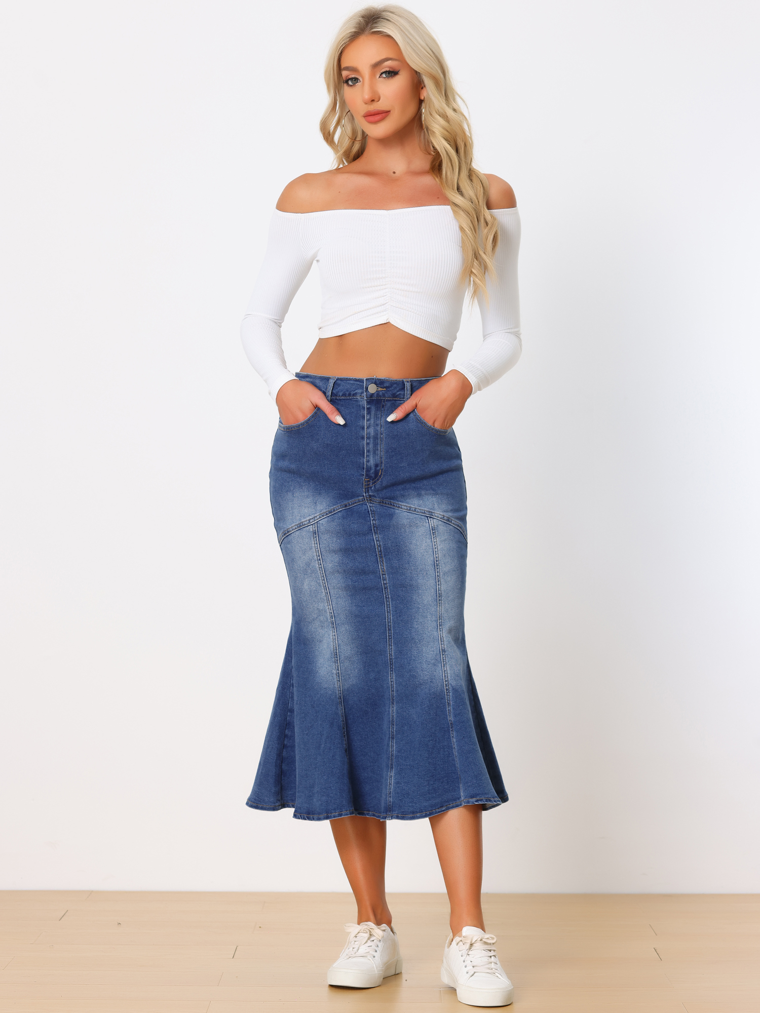Fishtail Denim Washed Midi Jean Bodycon Skirt Blue/S
