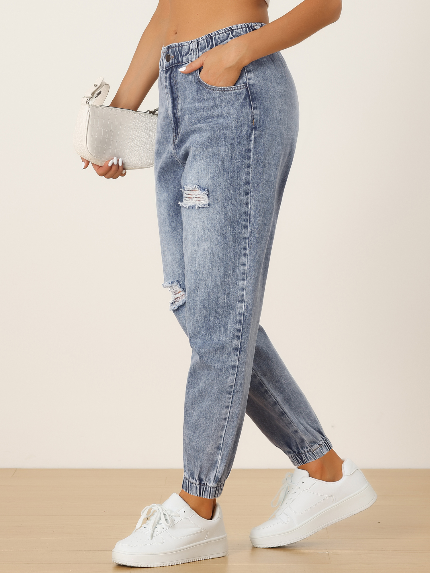 Casual Elastic Waist Distressed Denim Pants Ripped Jogger Jeans Grey Blue/XS