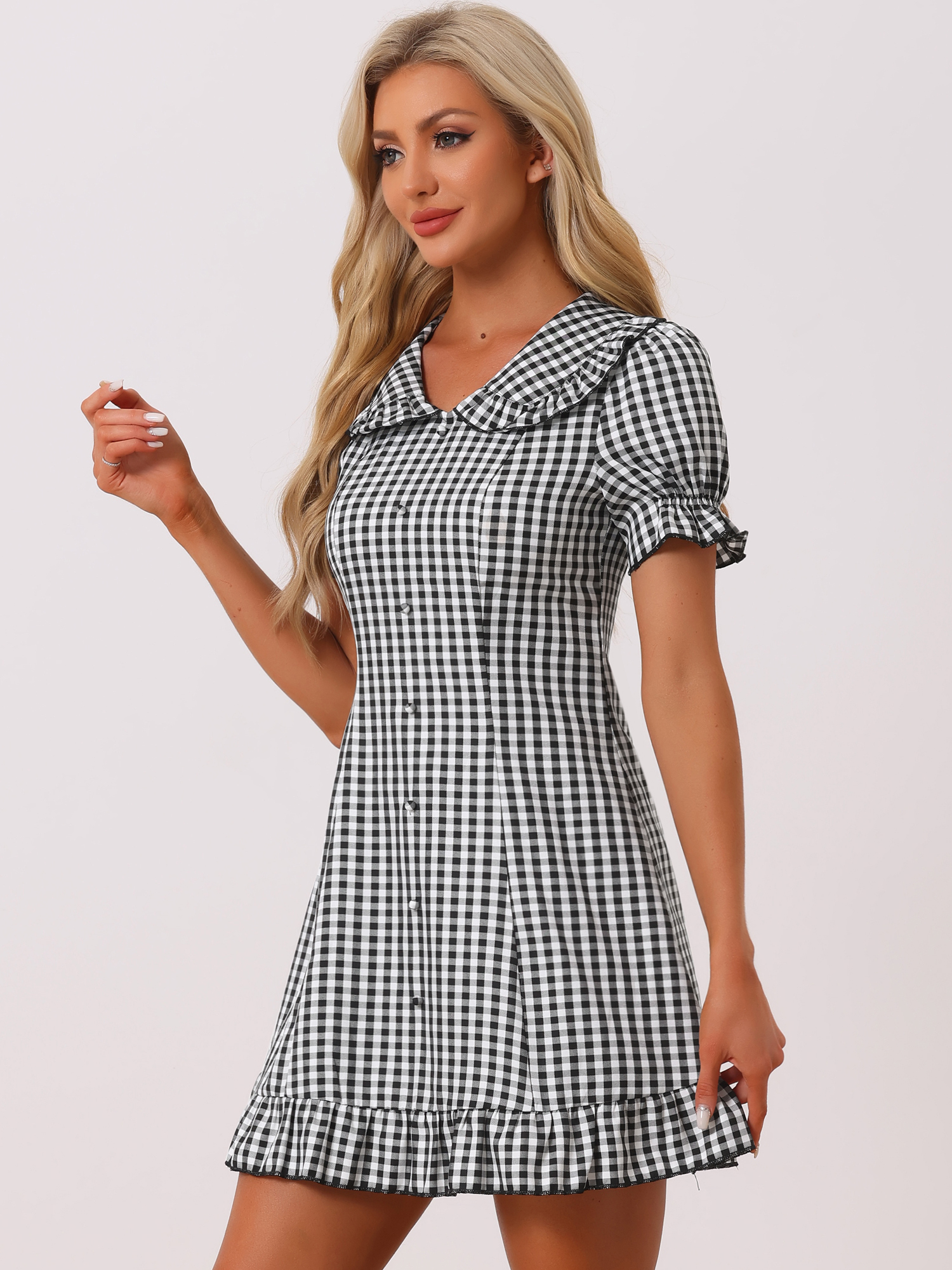 Gingham Checks Ruffled Peter Pan Collar 1960s Vintage Mini Dress Black White/L