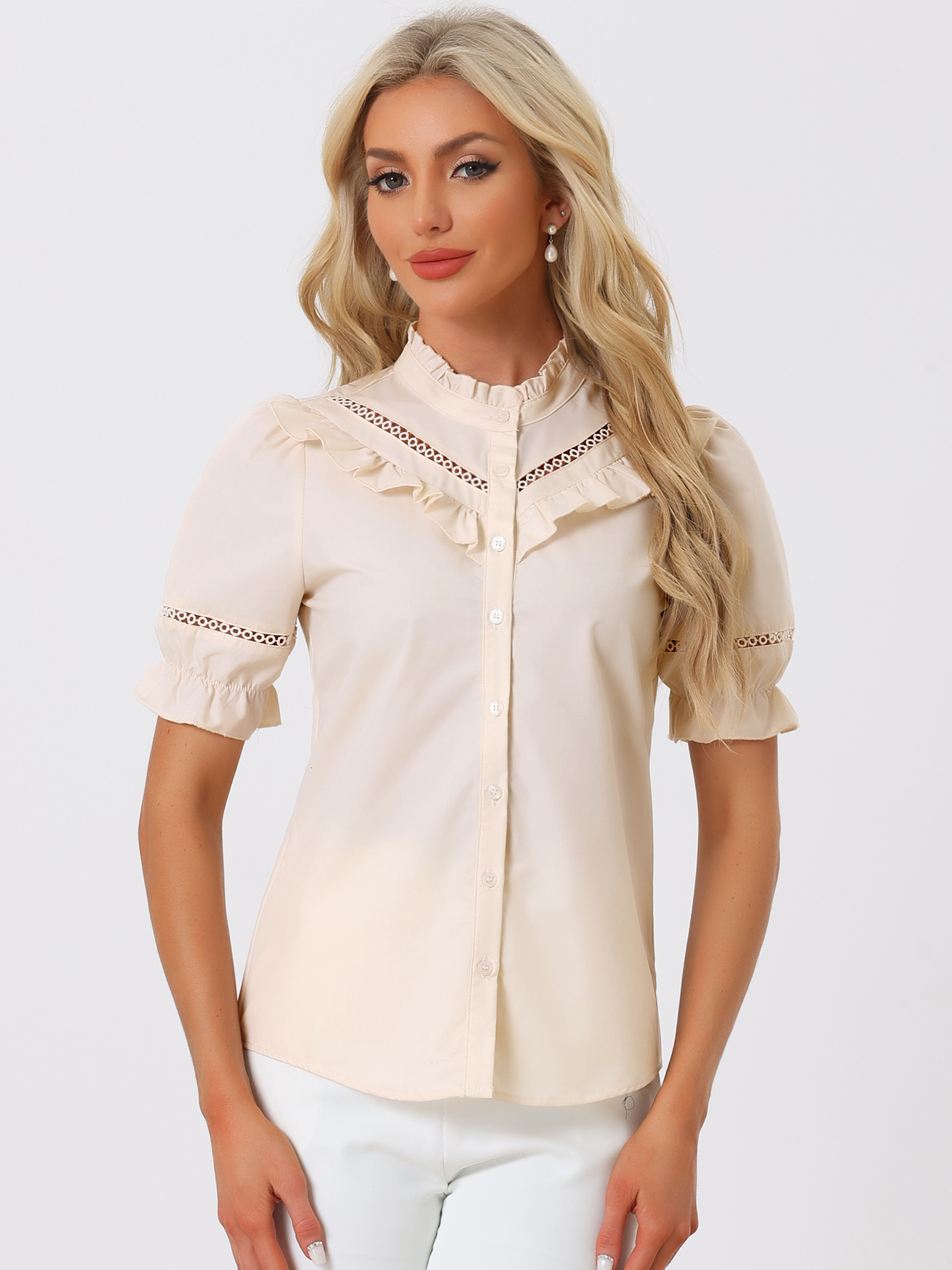 Button Down Cotton Short Sleeve Ruffle Stand Collar Work Blouse Beige/XS