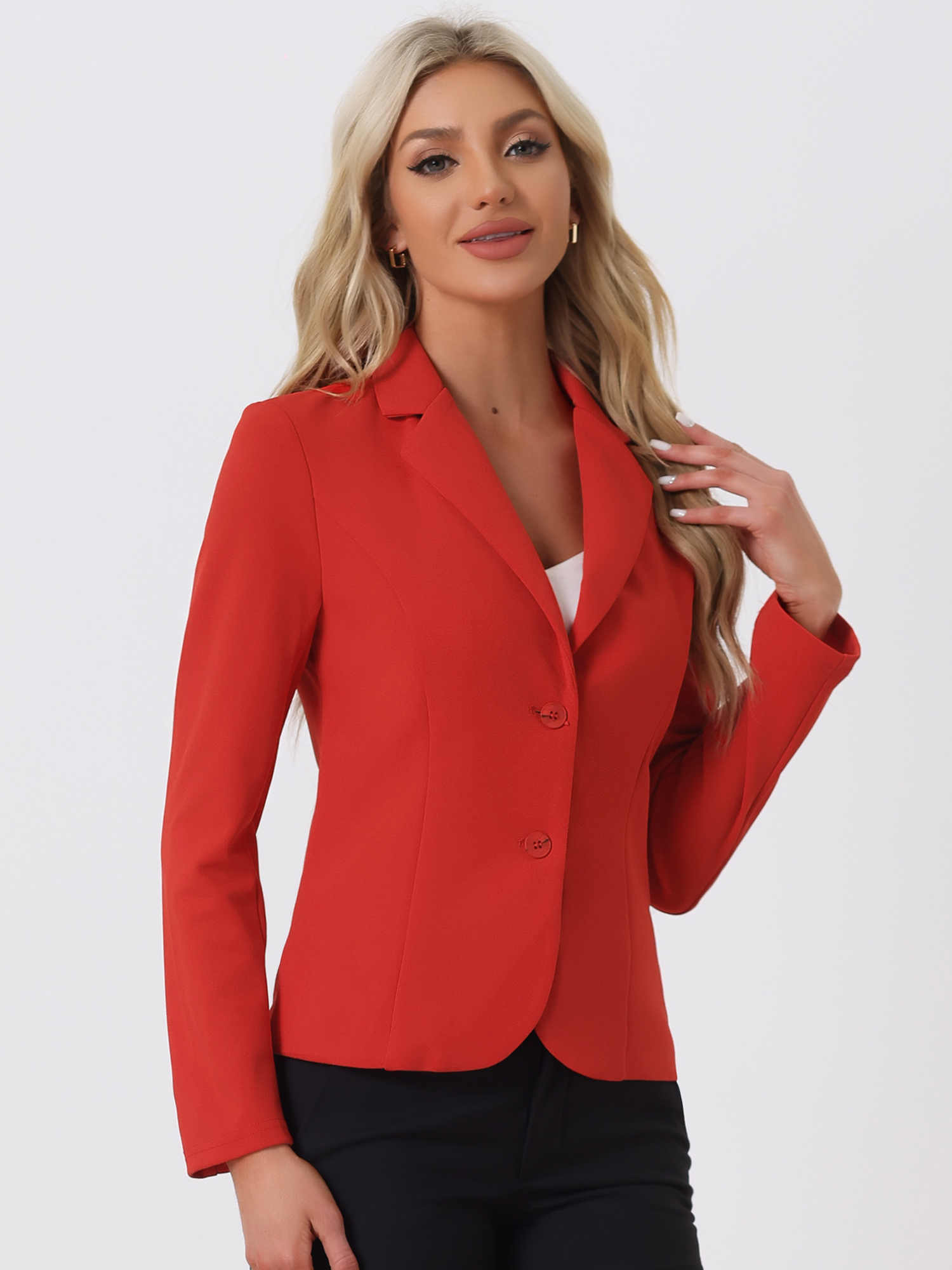 Notched Lapel Collar Stretch Work Office Jacket Blazer Bright Red/M