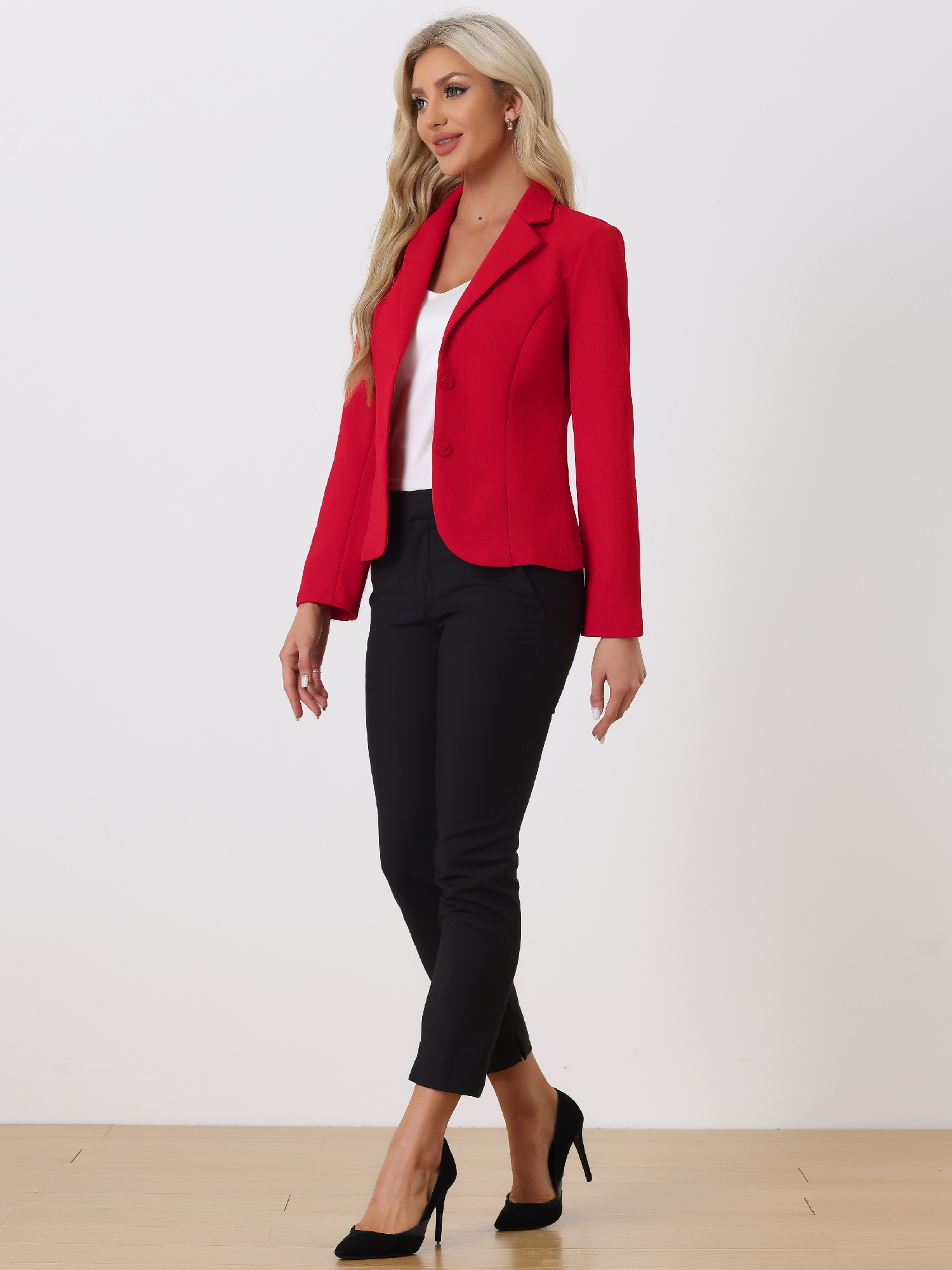 Notched Lapel Collar Stretch Work Office Workwear Jacket Blazer Bright Red/L