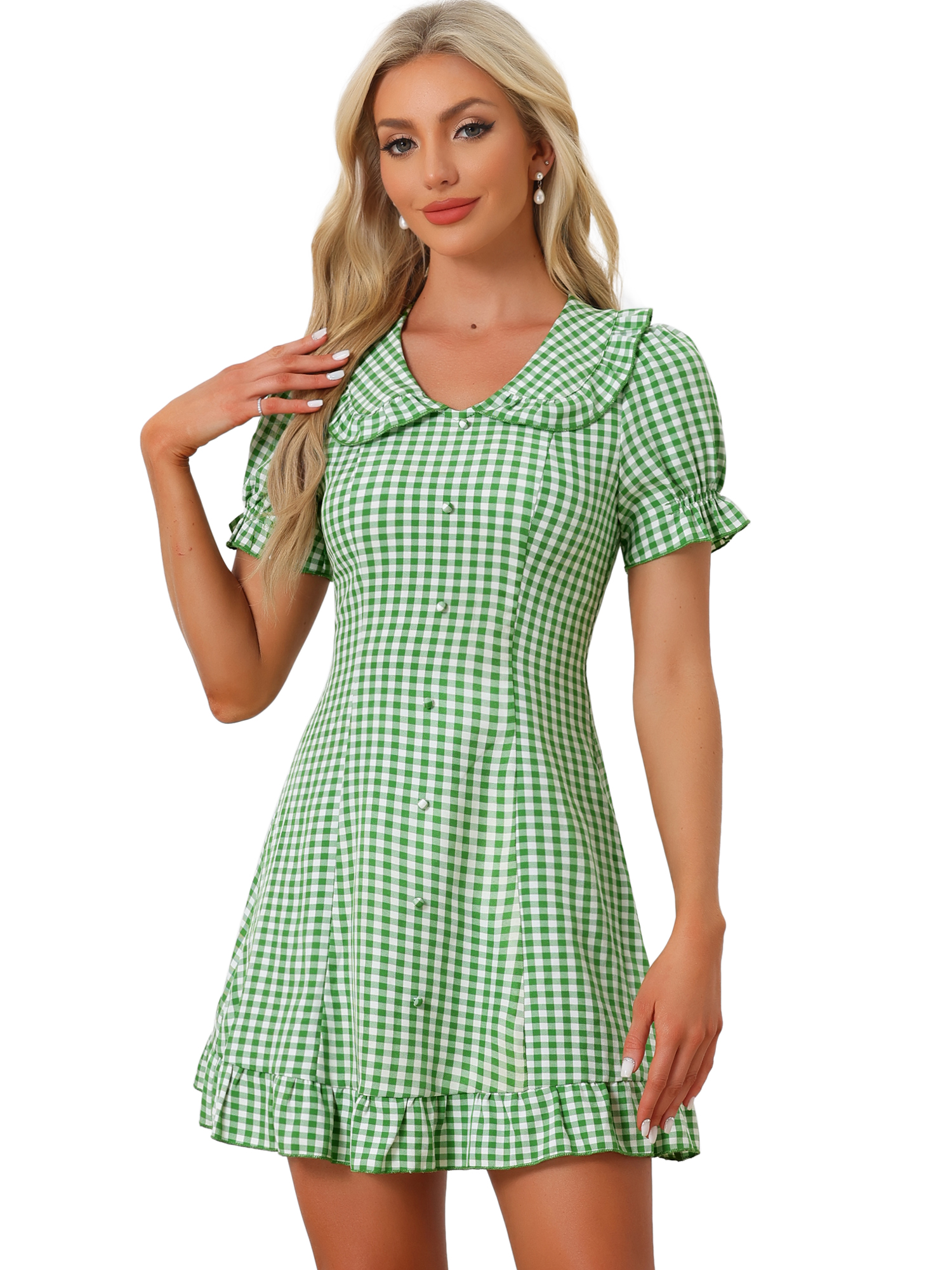 Gingham Checks Ruffled Peter Pan Collar 1960s Vintage Mini Dress Green White/XS