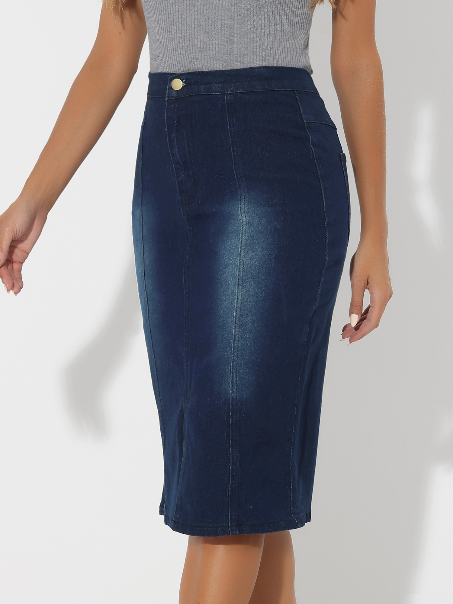 Slit Elastic High Waist Casual Stretch Bodycon Pencil Denim Skirt Black Blue/M