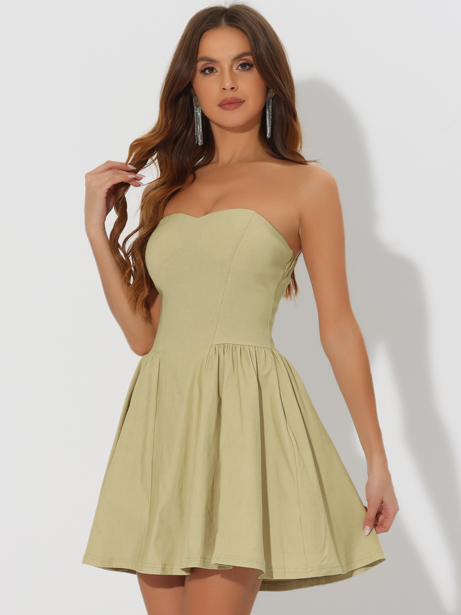 Strapless Sweetheart Neck Fit And Flare Mini Dress Camel/XS