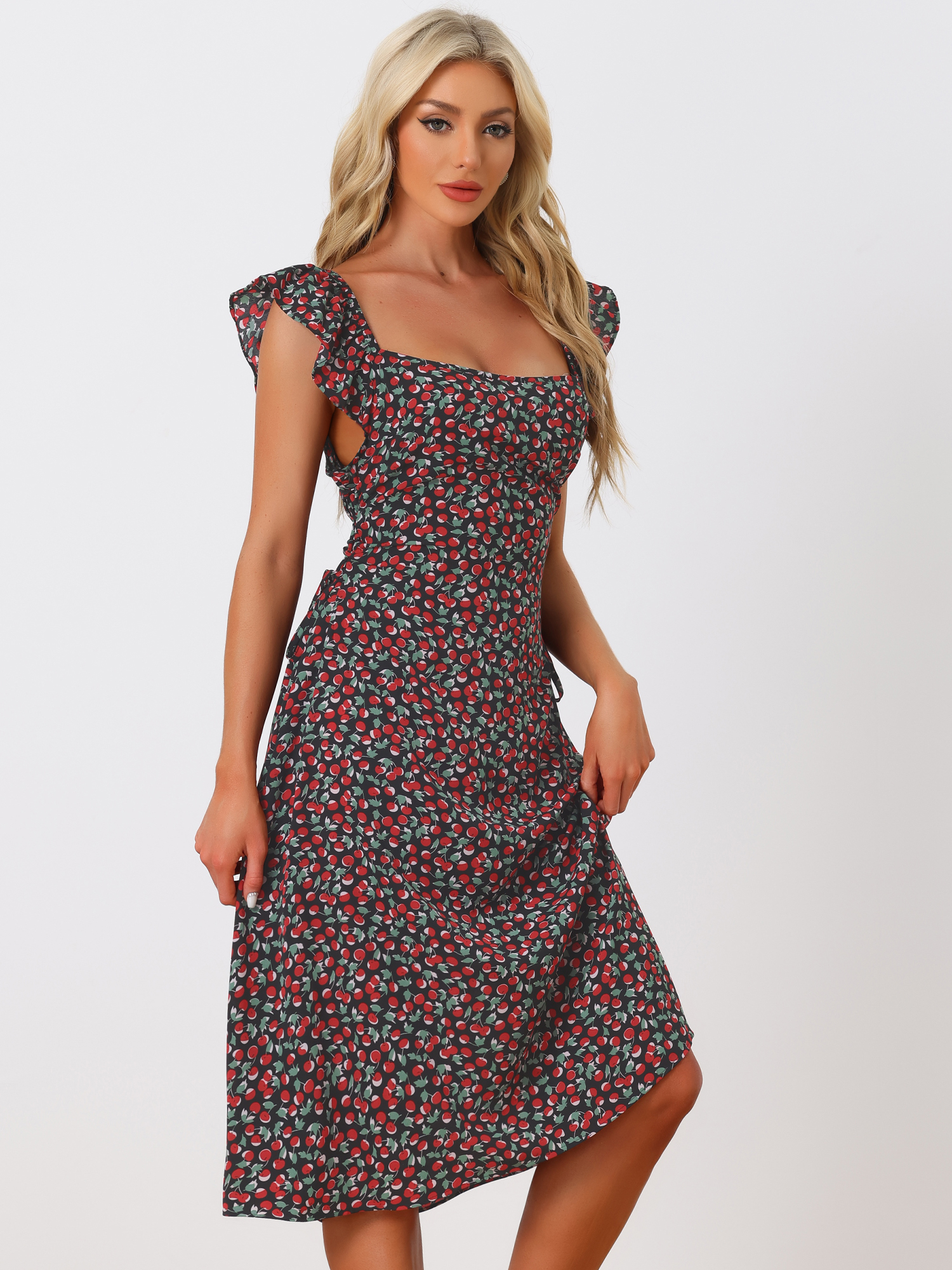Floral Cherry Print Lace-up Square Neck Ruffle Midi Dress Sundress Black/M
