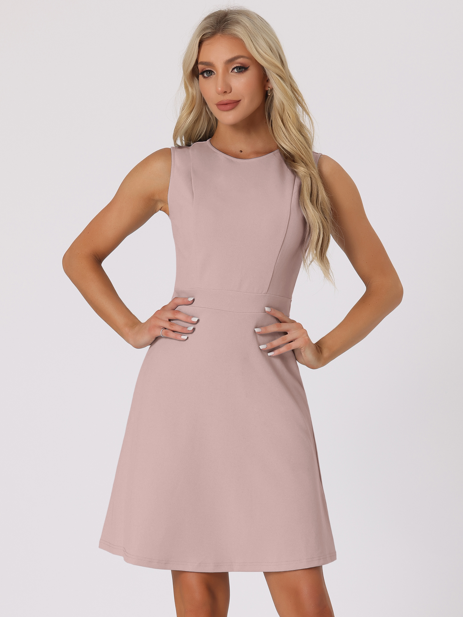 Round Neck Solid Color Sleeveless A-Line Work Midi Dress Dusty Pink/XS