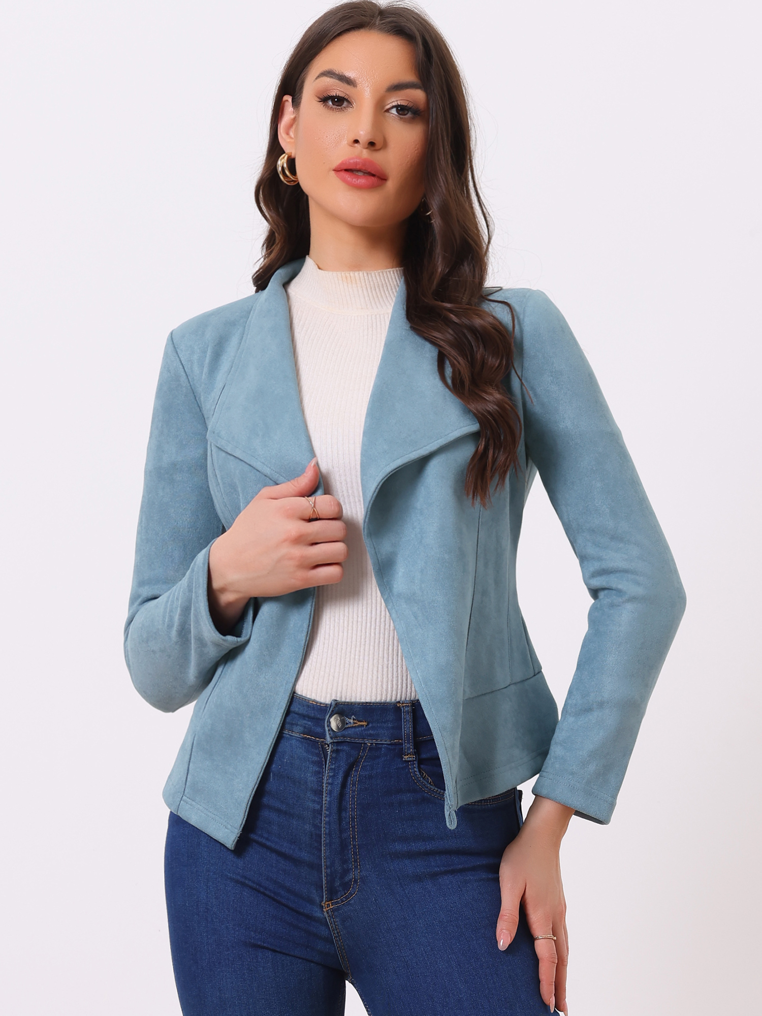 Faux Suede Jacket Open Front Lapel Draped Outwear Cardigan Gray Blue/XL
