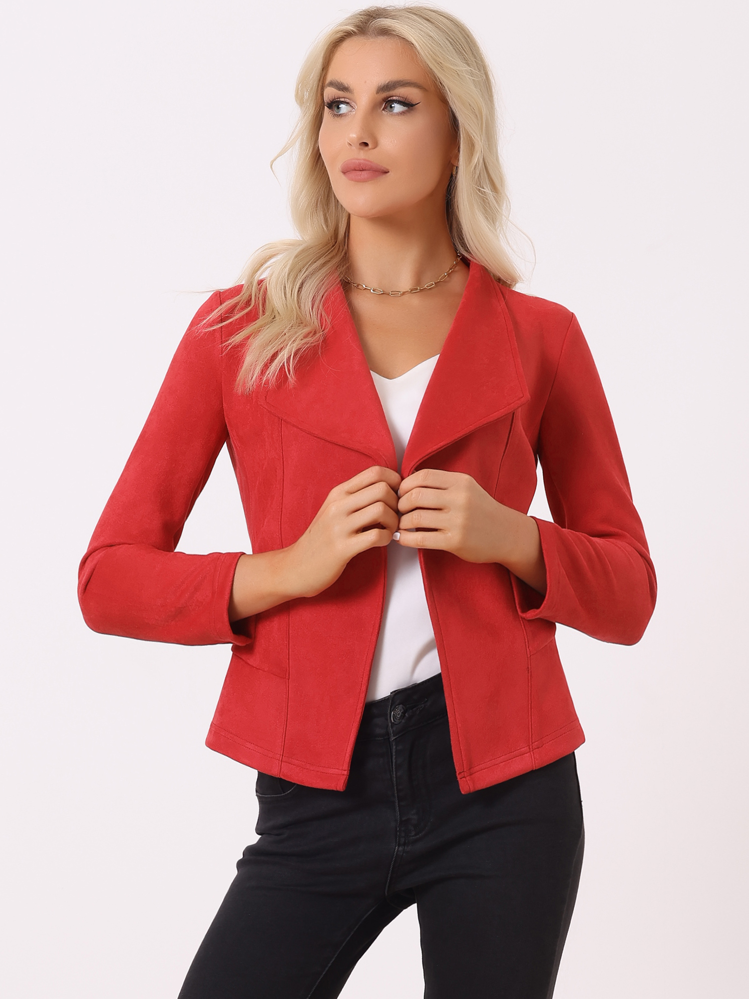 Faux Suede Jacket Open Front Lapel Draped Outwear Cardigan Red/XL