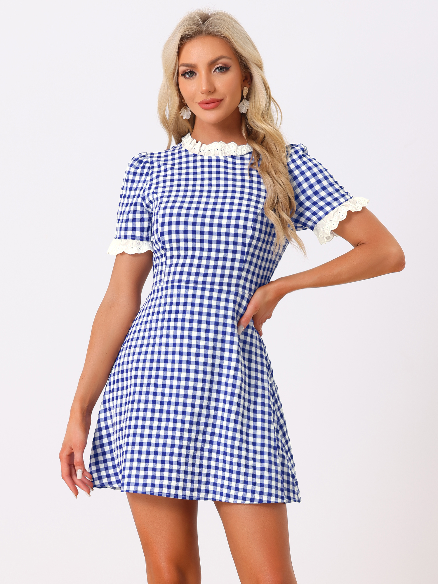 Summer Ruffle Neck Lace Panel Short Sleeve Check Gingham Dress Blue White/XS