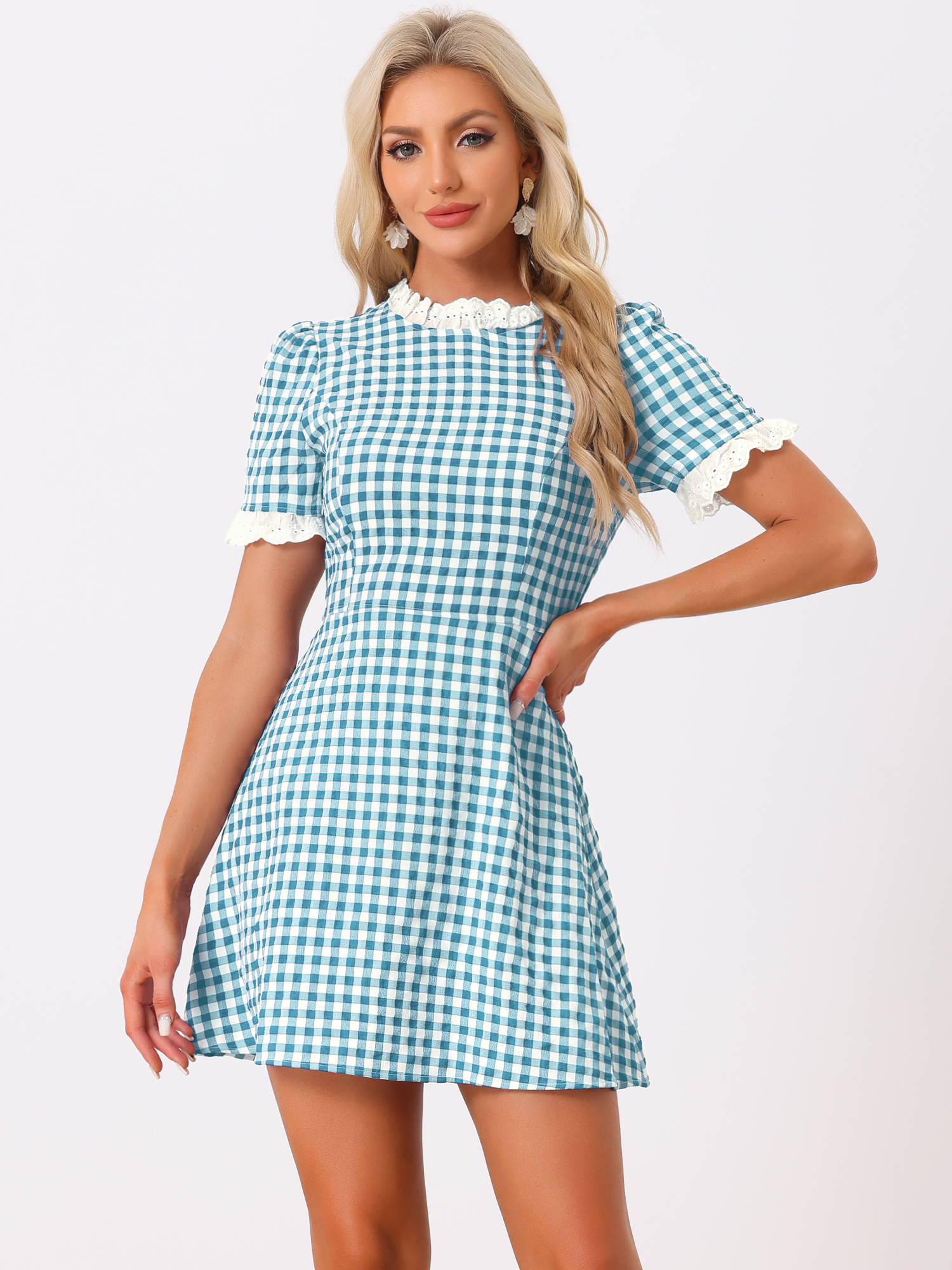Summer Ruffle Neck Lace Panel Short Sleeve Check Gingham Dress Lake Blue/XL