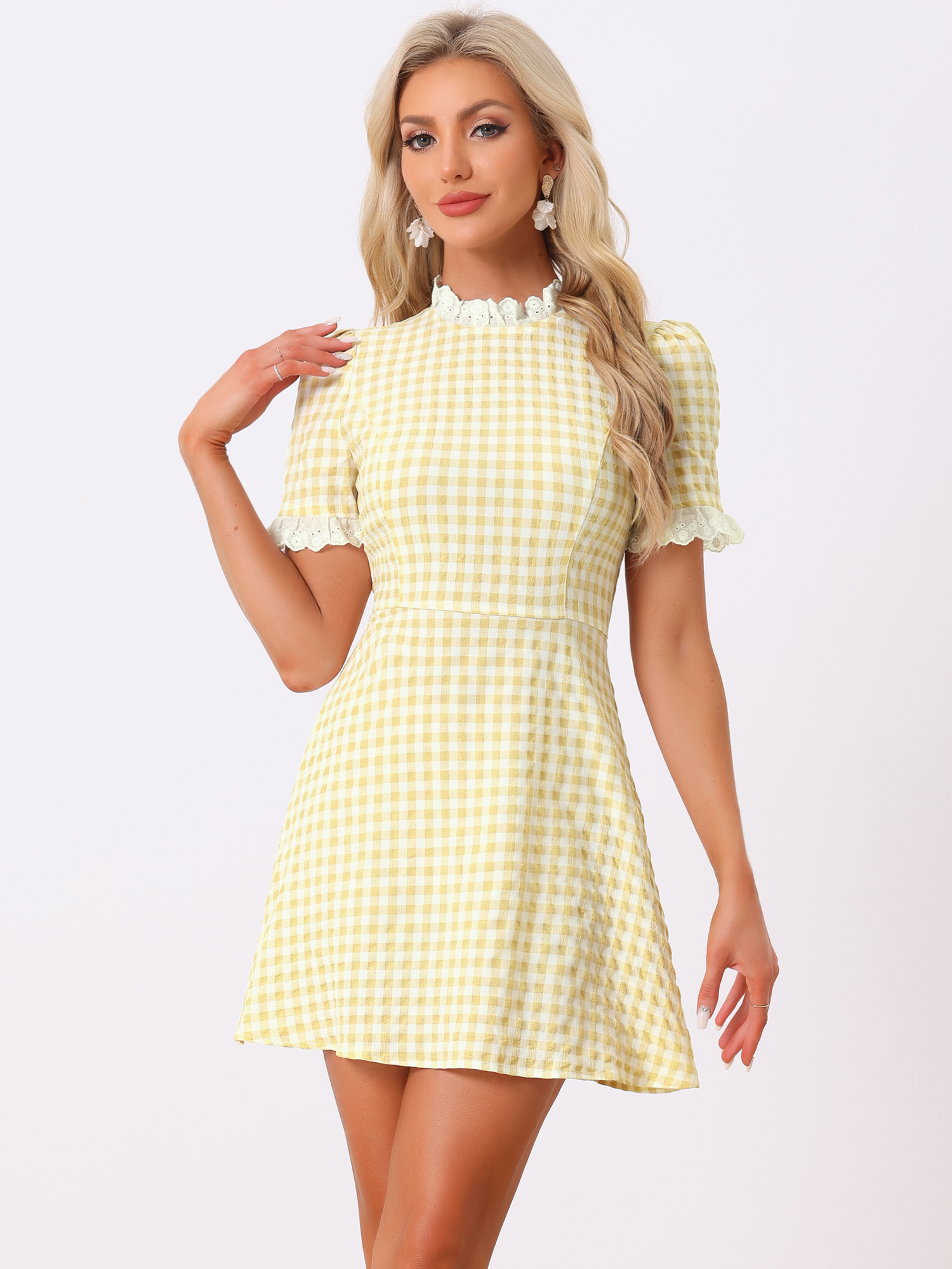 Summer Ruffle Neck Lace Panel Short Sleeve Check Gingham Dress Yellow White/XS