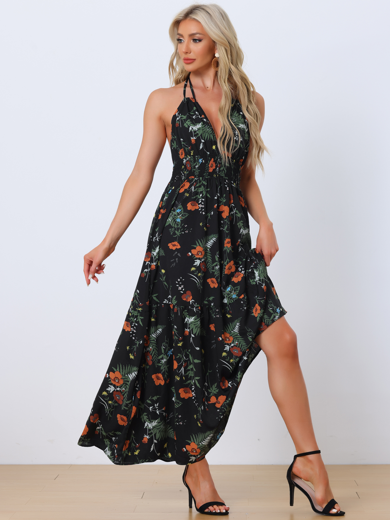 Halter Neck Boho Sleeveless Elastic Waist Backless Floral Sundress Maxi Dress Black/XS
