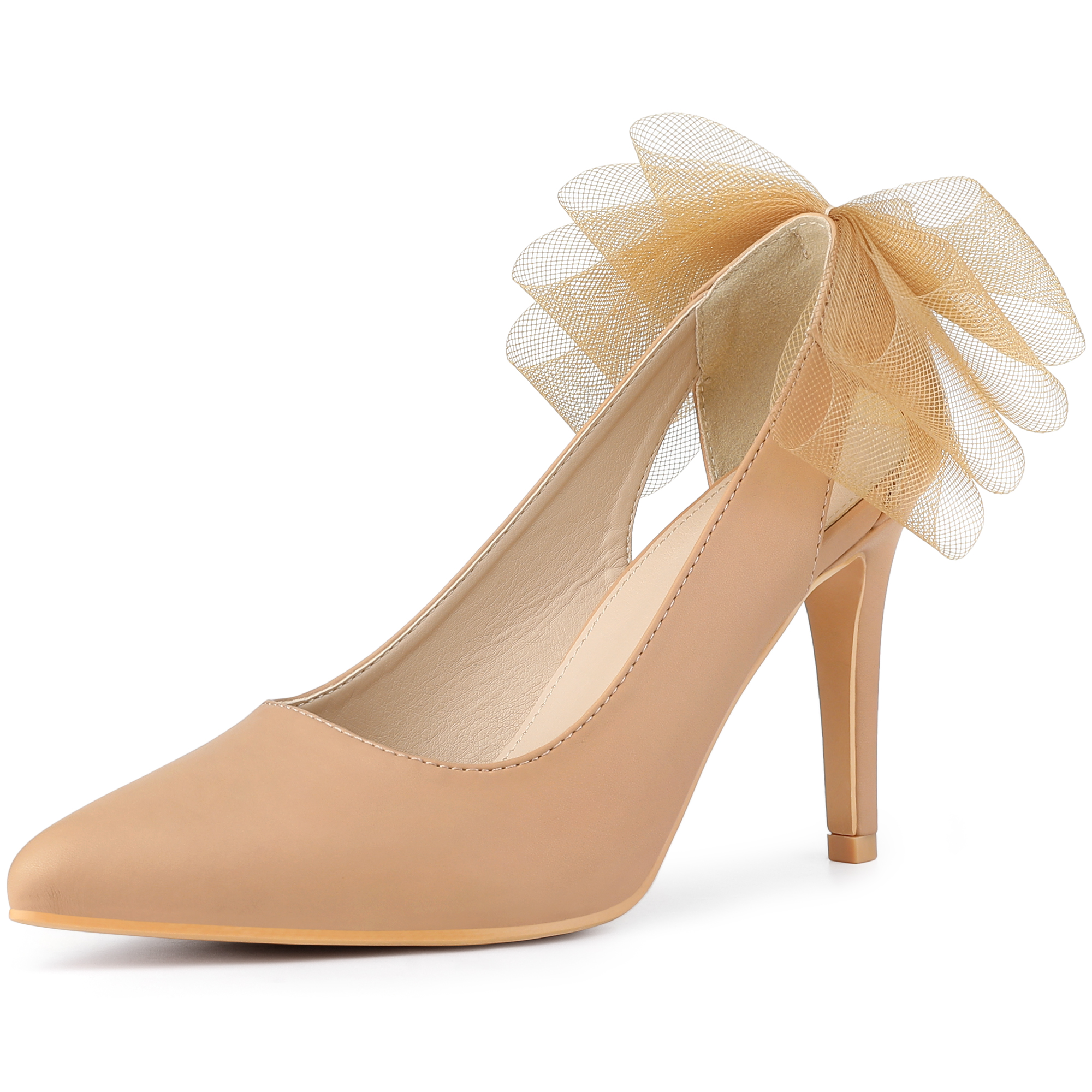 Mesh Bow Decor Pointed Toe Stiletto High Heel Pumps Nude/9.5