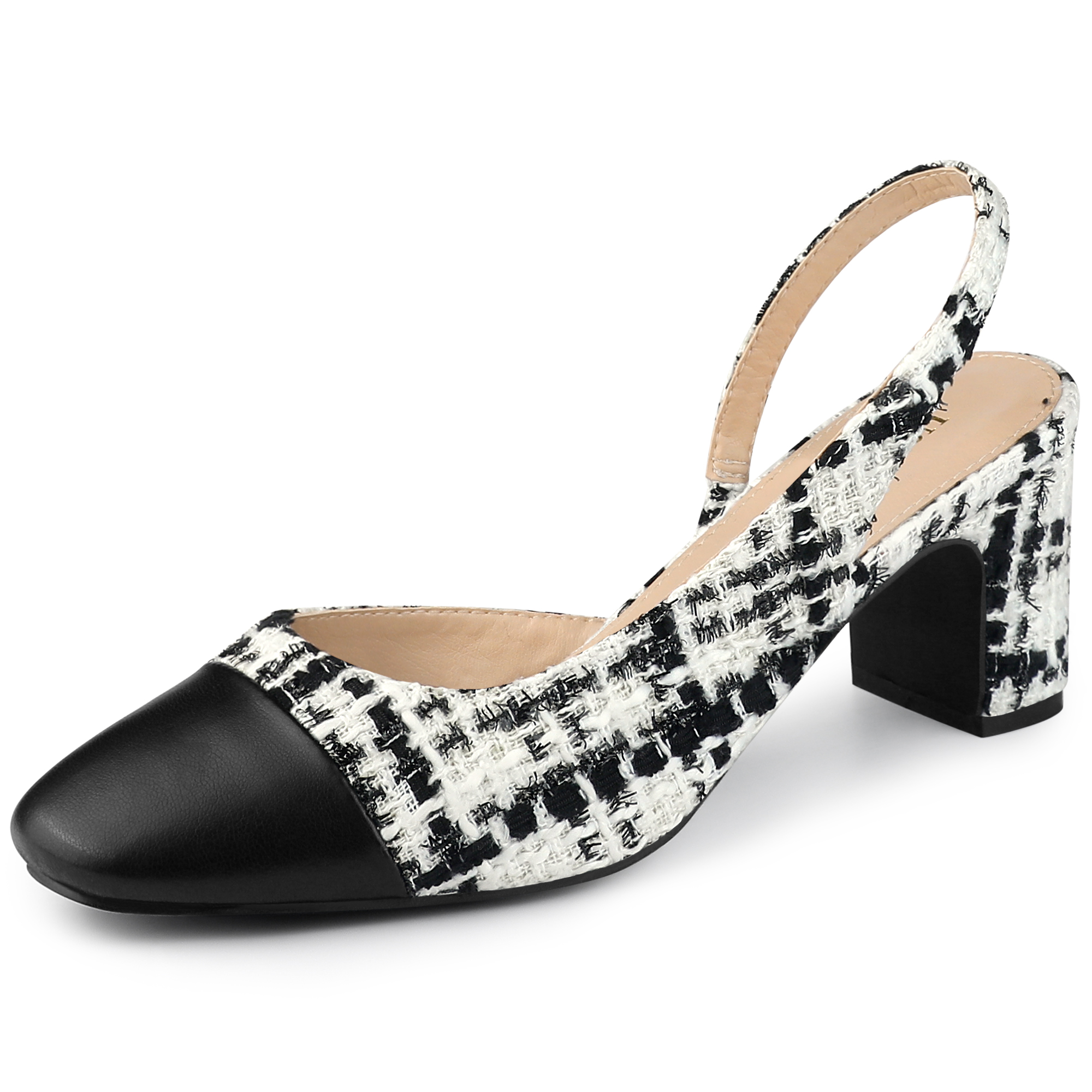 Slingback Cap Toe Christmas Plaid Chunky Heel Pumps Black White/9