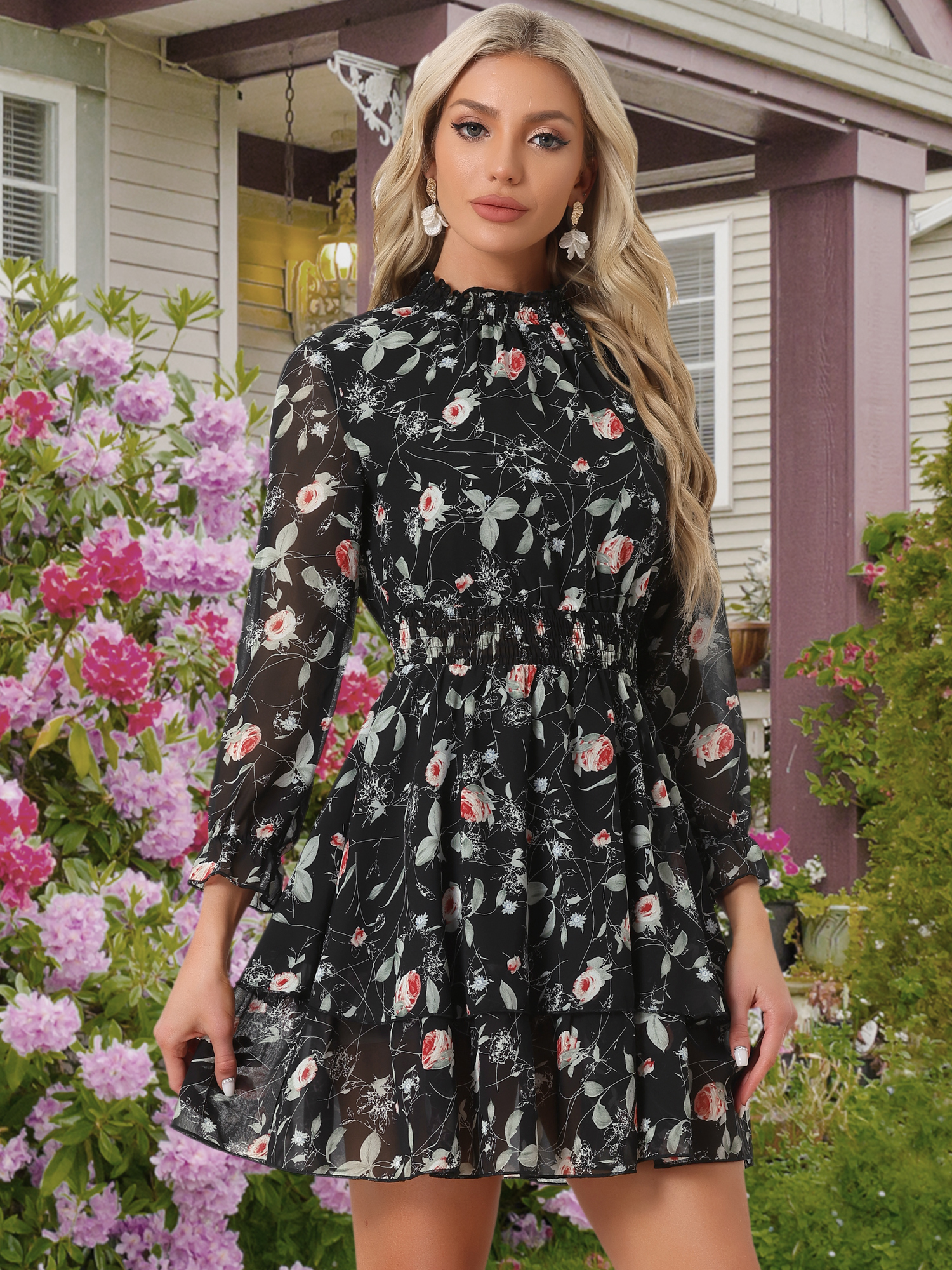 Floral Chiffon Long Sleeve Mock Neck Ruffle Layered Mini Dress Black/XL