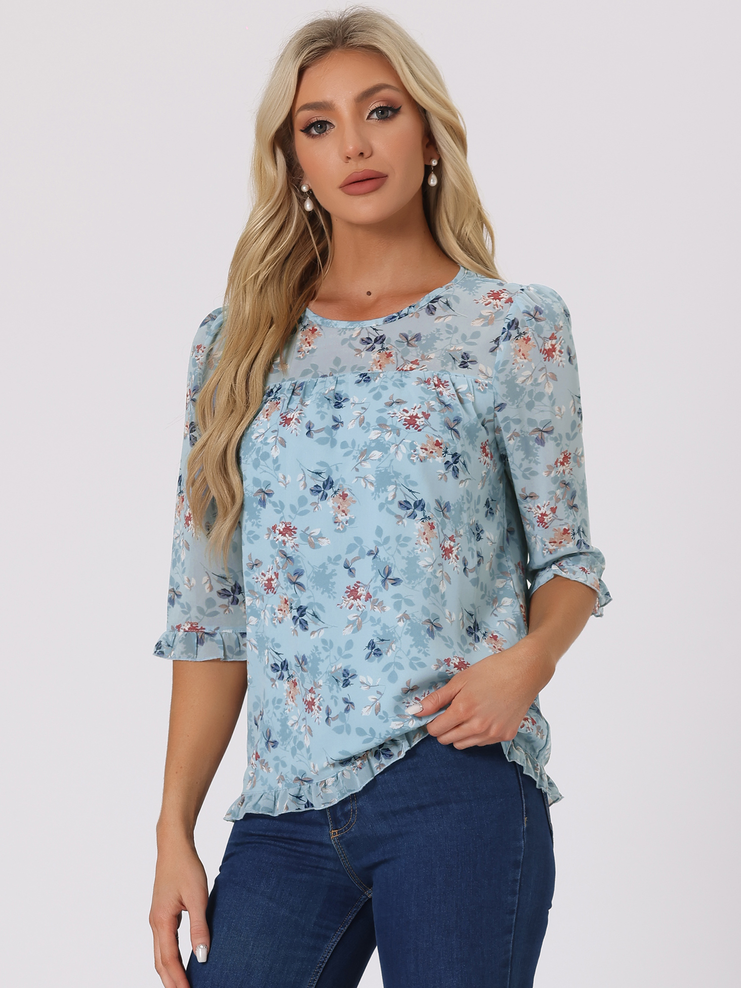 Casual Ruffle Floral Print 3/4 Sleeve Chiffon Blouse Blue White/M