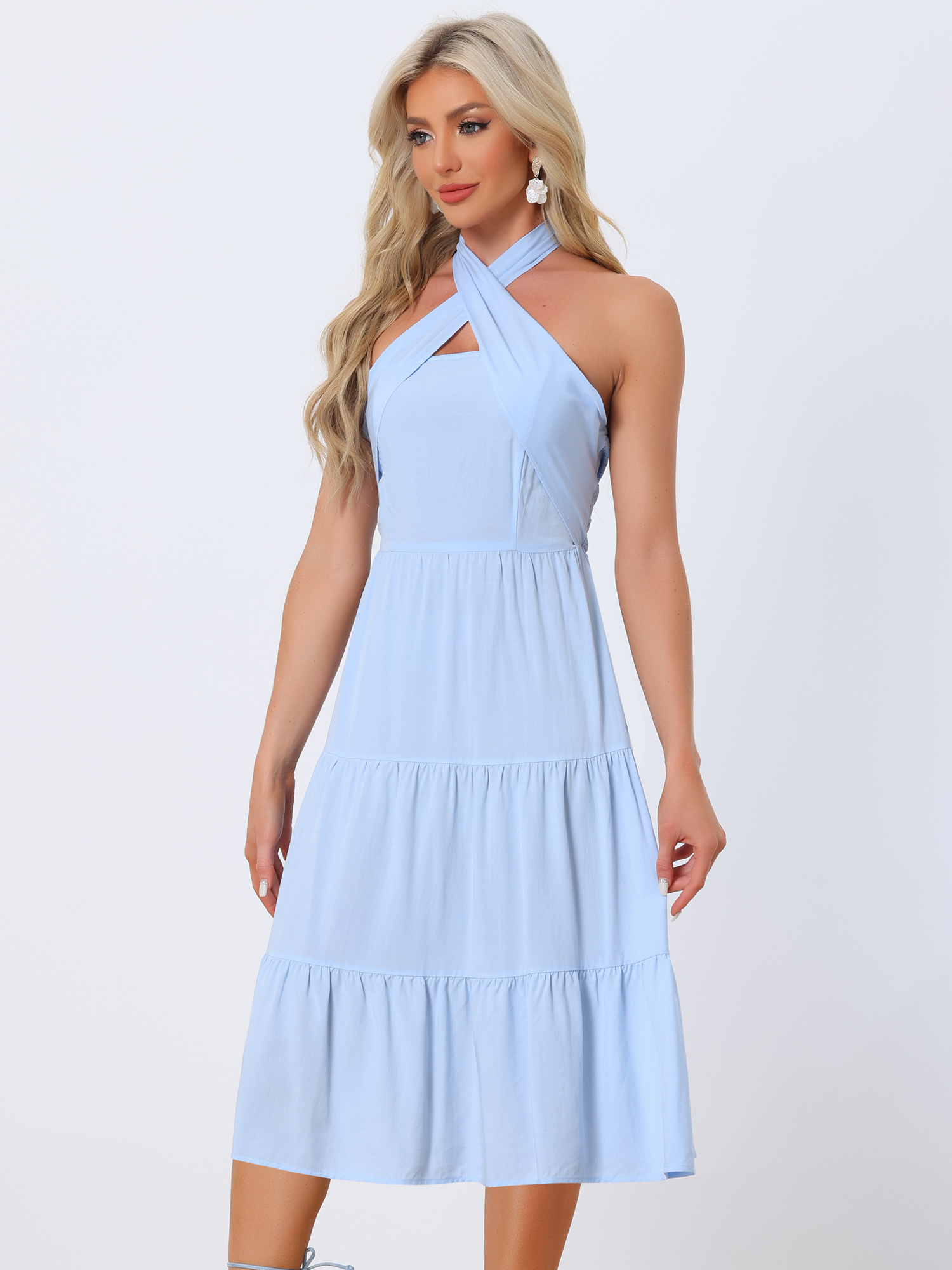 Halter Neck Smocked Sleeveless Slim Fit Vacation Midi Tiered Dress Sundress Light Blue/XS