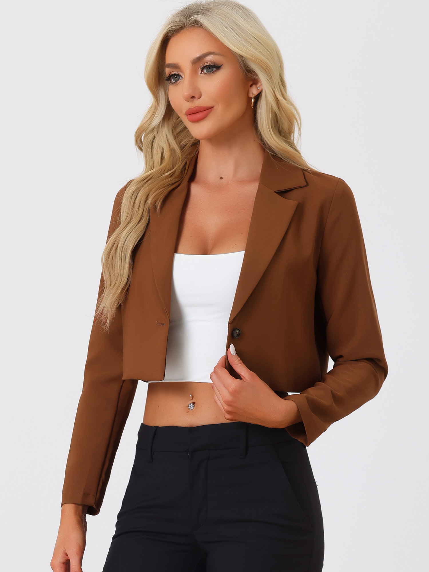 Long Sleeve Open Front Notched Lapel Business Cropped Blazer Caramel/S