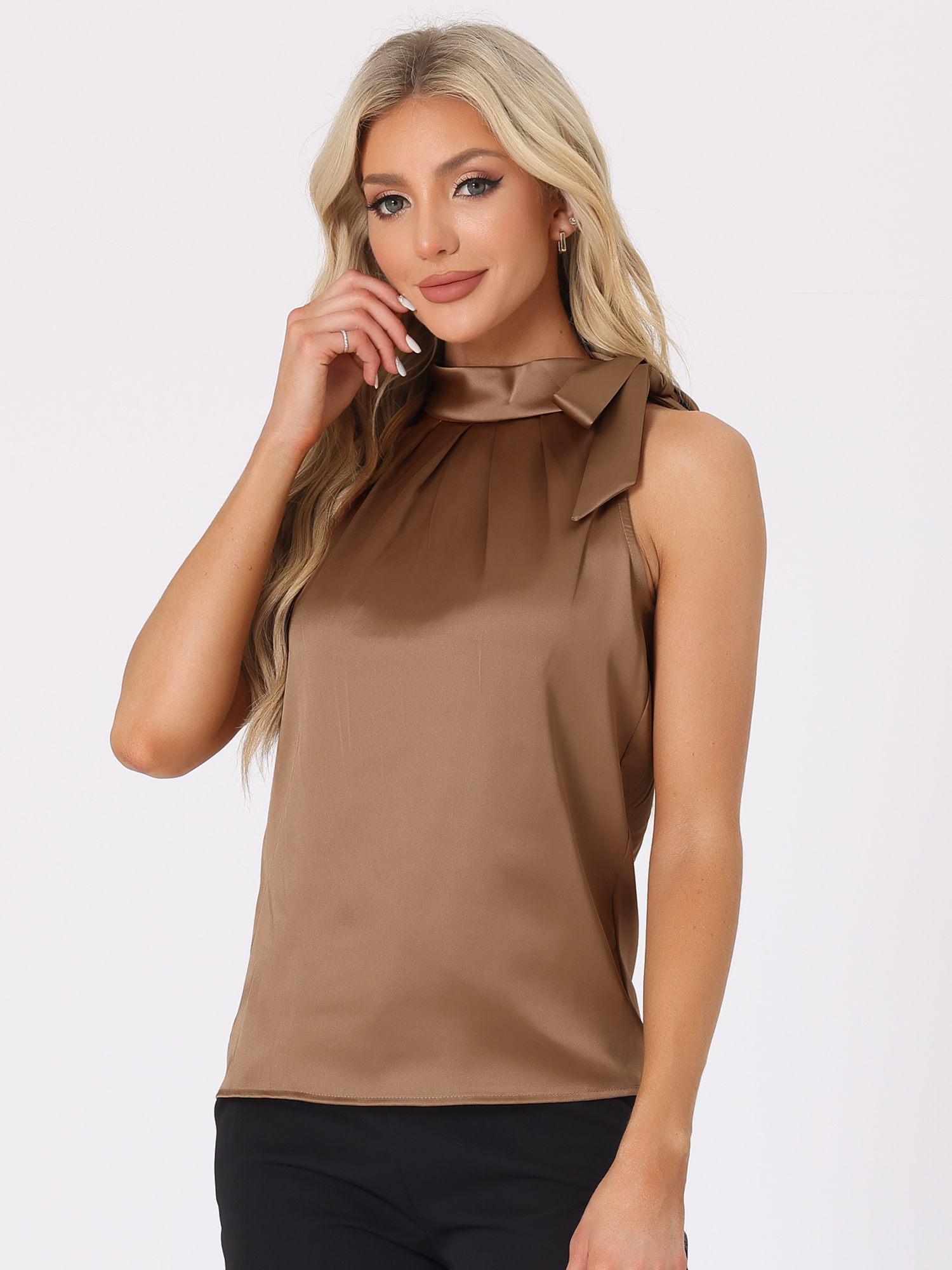 Elegant Satin Sleeveless Tie Knot Mock Neck Solid Work Blouse Top Brown/XS