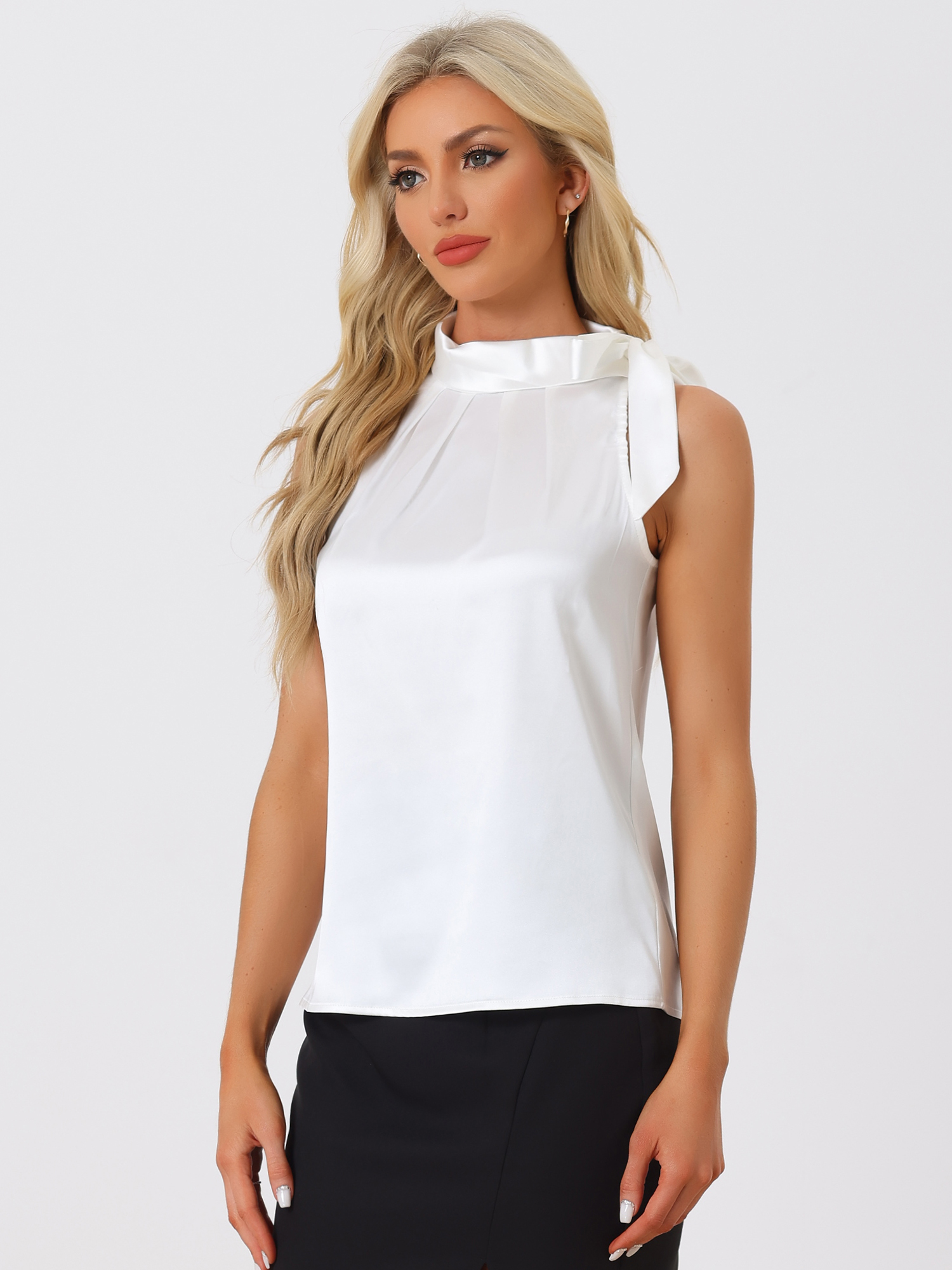 Elegant Satin Sleeveless Tie Knot Mock Neck Solid Work Blouse Top White/XS
