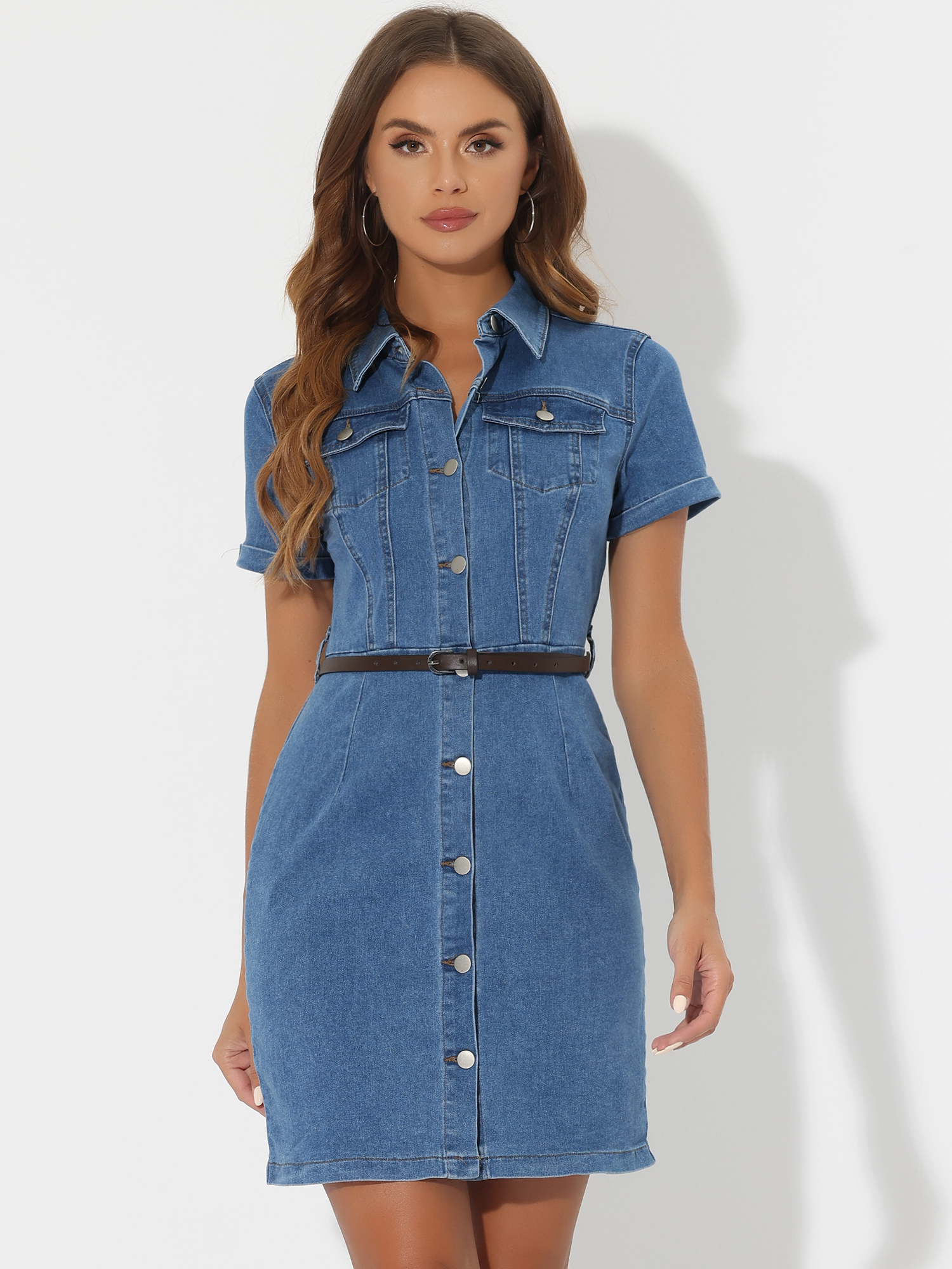 Denim Lapel Short Sleeve Belted Button Up Shirt Dress Jean Blue/XL