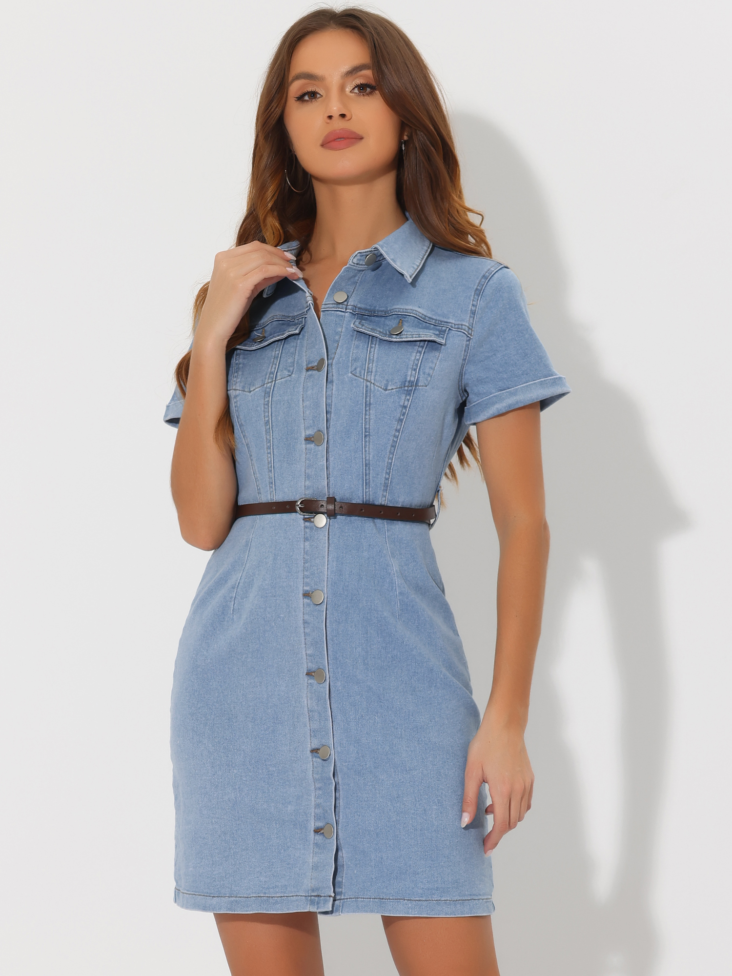Denim Lapel Short Sleeve Belted Button Up Shirt Dress Light Blue/M