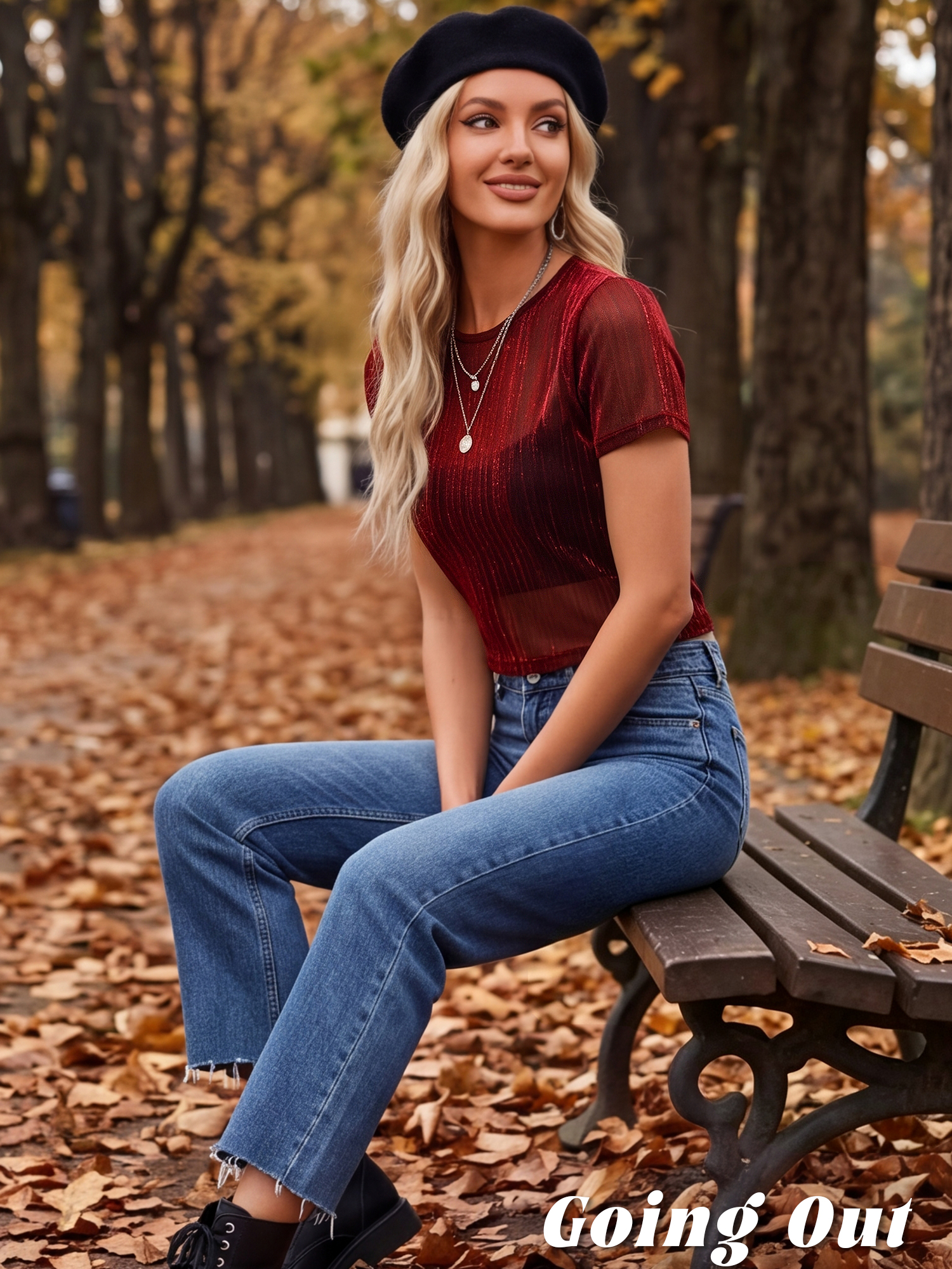 Mesh Short Sleeve Mesh Metallic Party See Through Crop Shirt Red/M