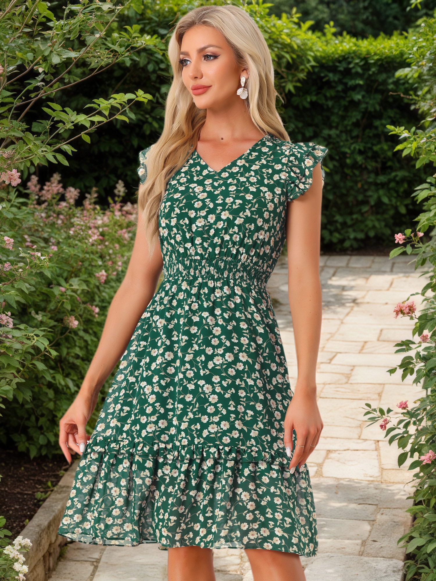 Floral Flutter Sleeve V Neck Smocked Ruffle Dress Green/M