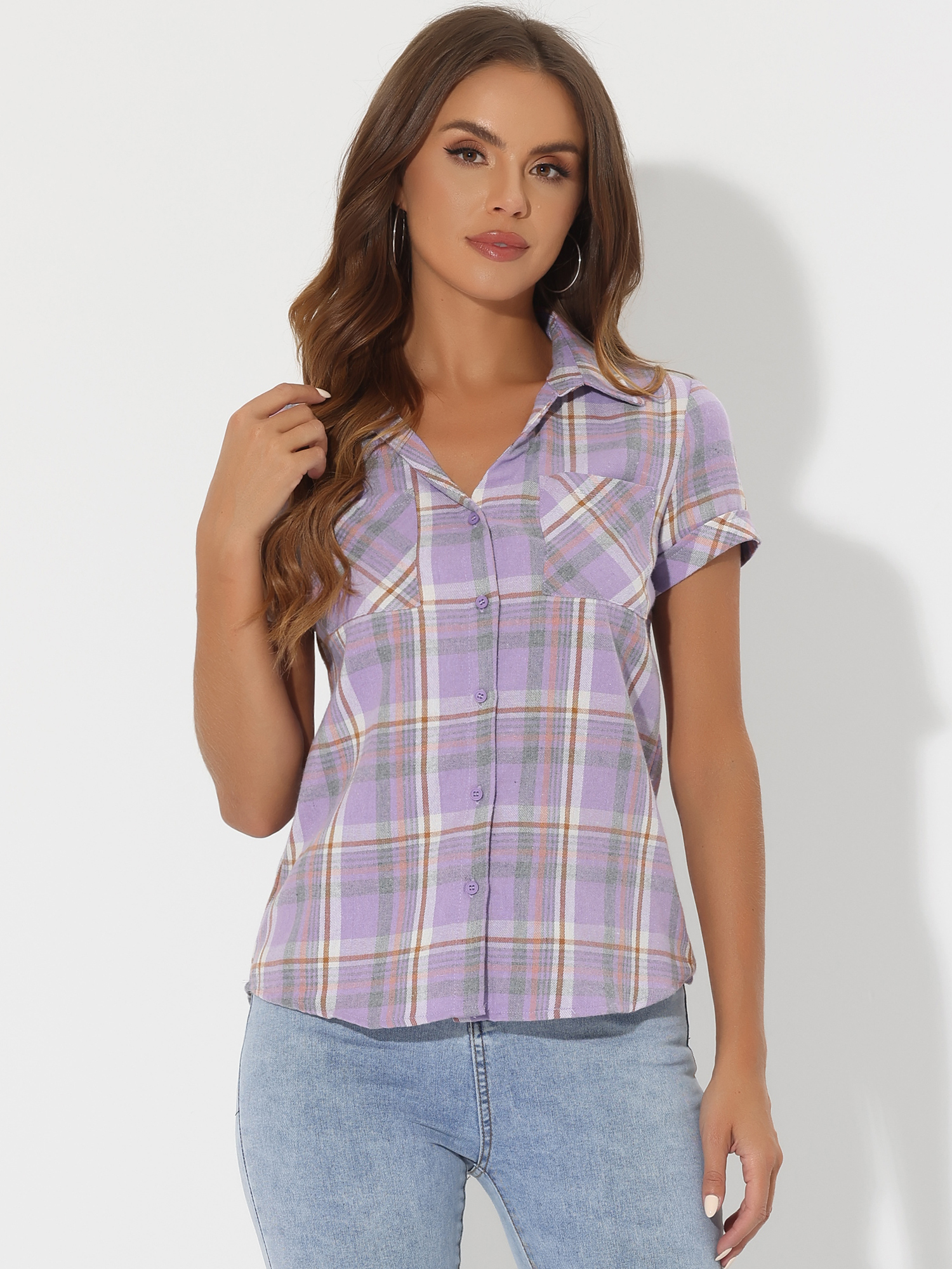 Cotton Classic Button Down Plaid Short Sleeve Shirt Pastel Purple/M