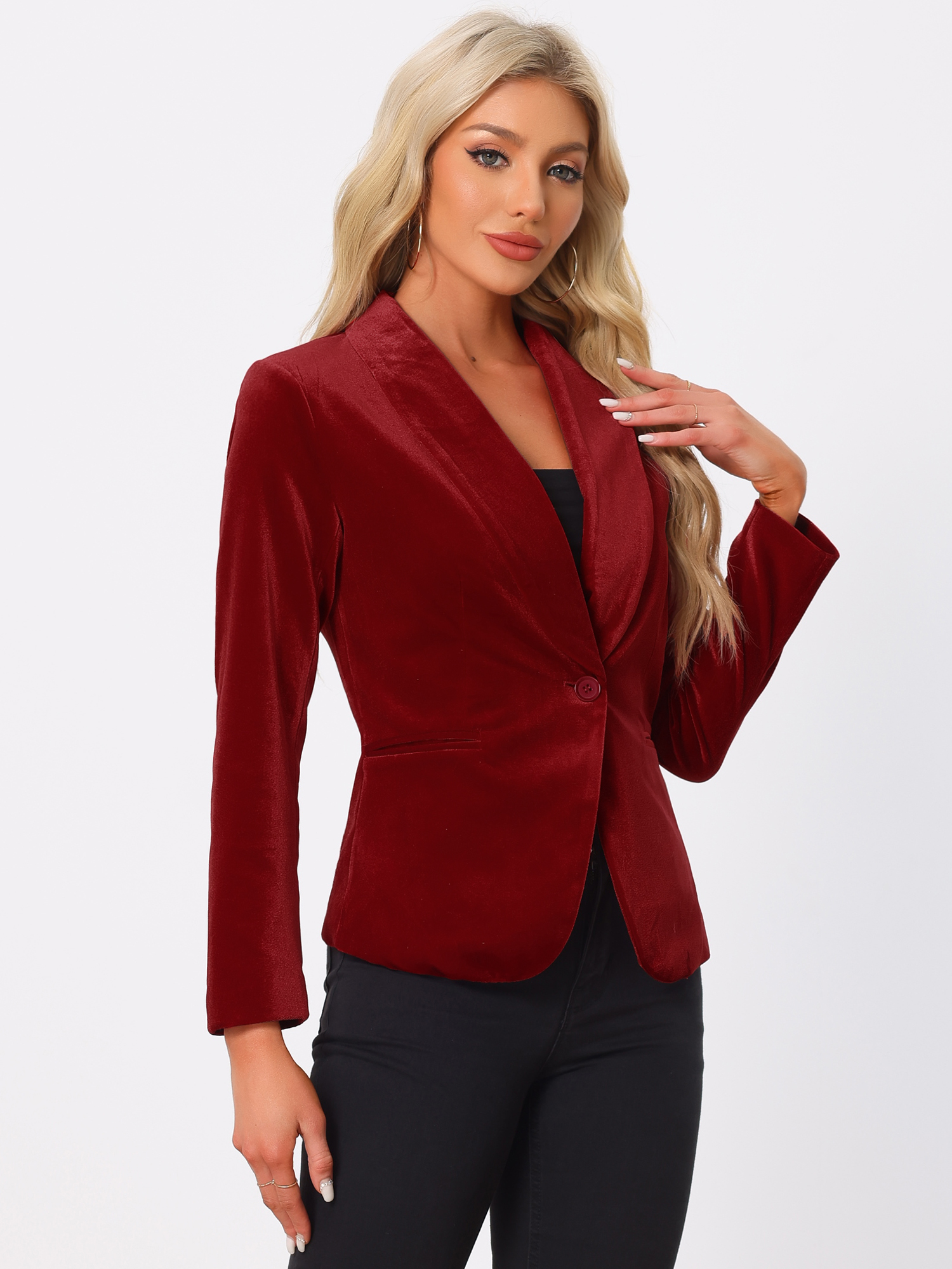 Shawl Collar Single Button Velvet Solid Office Work Jacket Blazer Red/M